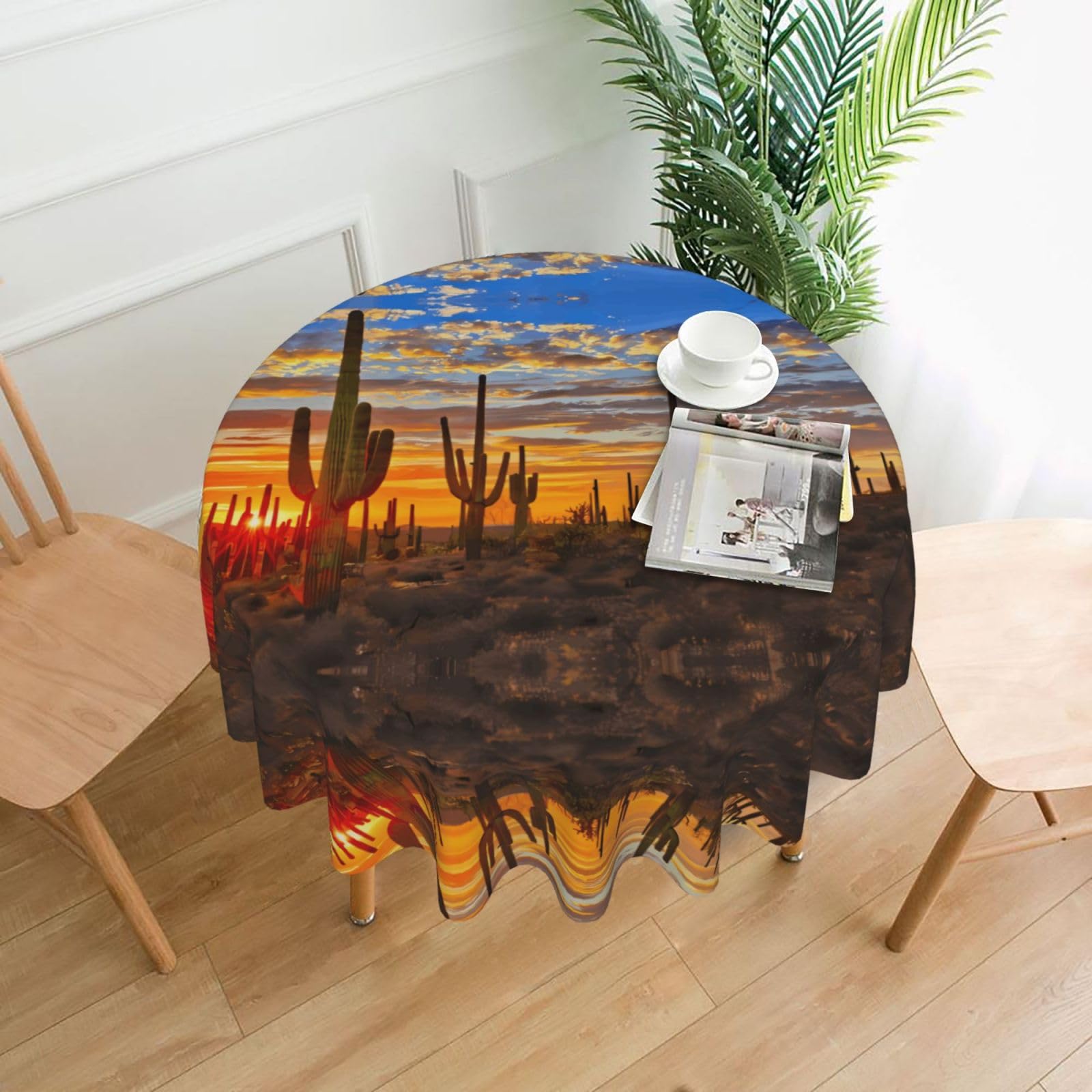 YYHHAOFA Sunset Cactus in Desert Prints Round Decorative Tablecloth 60in - High-Grade Polyester Throw for Dining Tables, Parties, & Outdoor Events