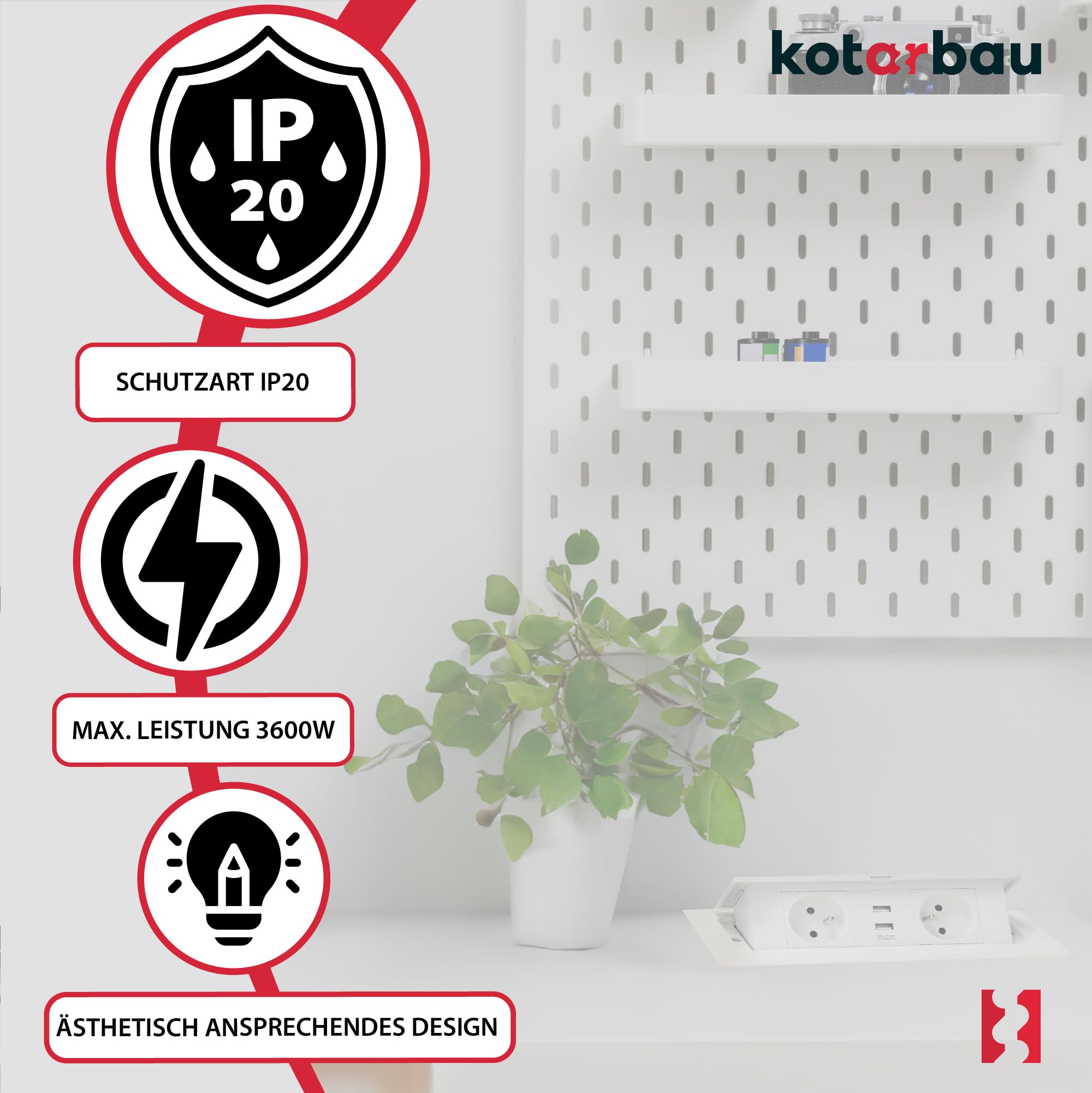 KOTARBAU® - Ciabatta elettrica a 2 prese, con porte USB, in alluminio, colore bianco