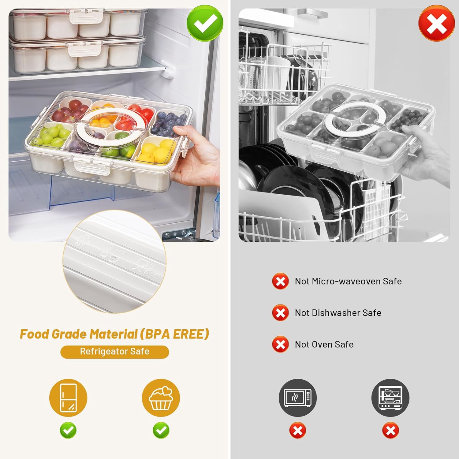 Snackle Box - Portable Divided Serving Tray with Lid and Handle, 8 Compartment Snack Container for Travel, Picnics & Parties