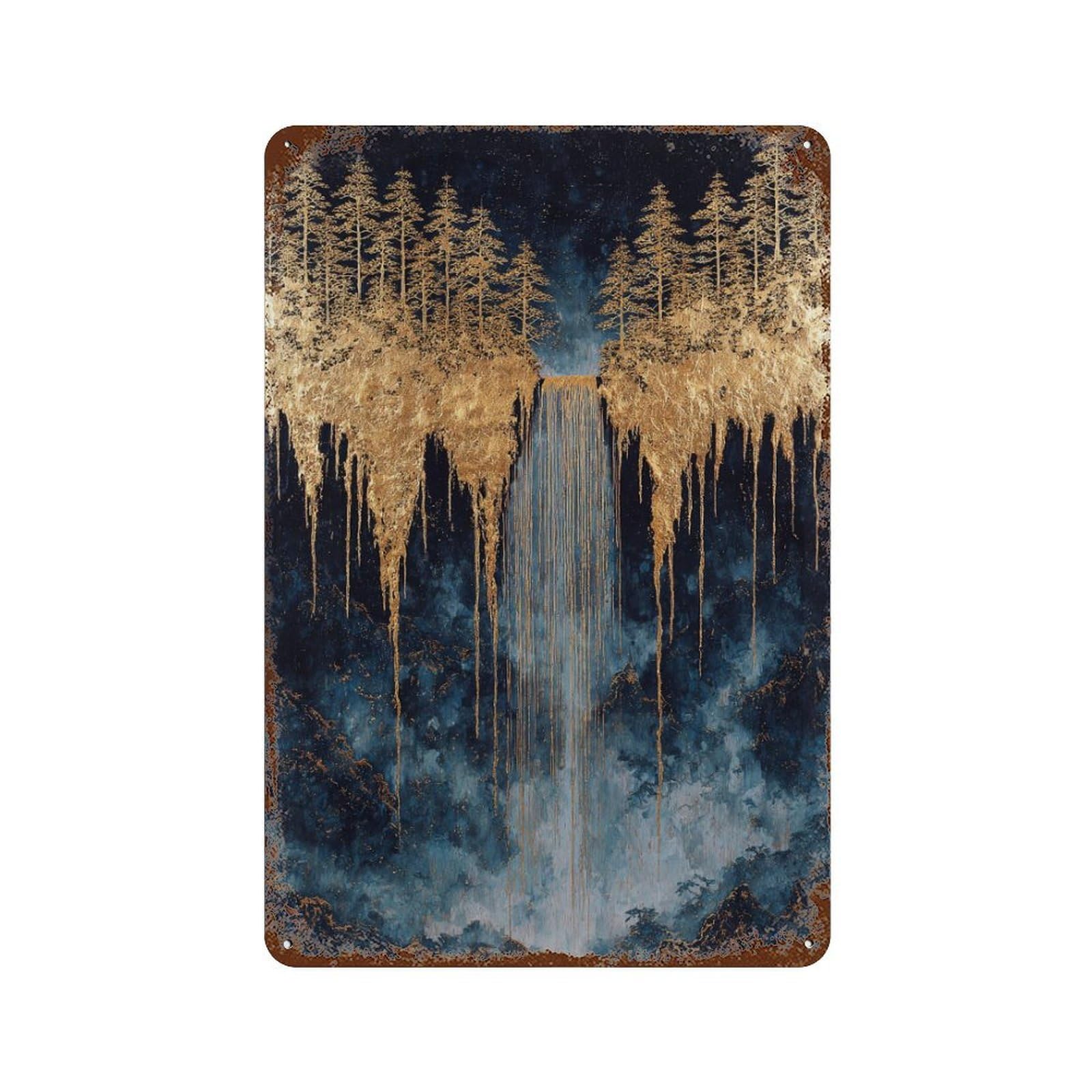 Garage Style Golden Forest Waterfall Painting Distressed Metal Wall Sign 11.8"x7.9", Rustic Home Decor for Bar And Workshop