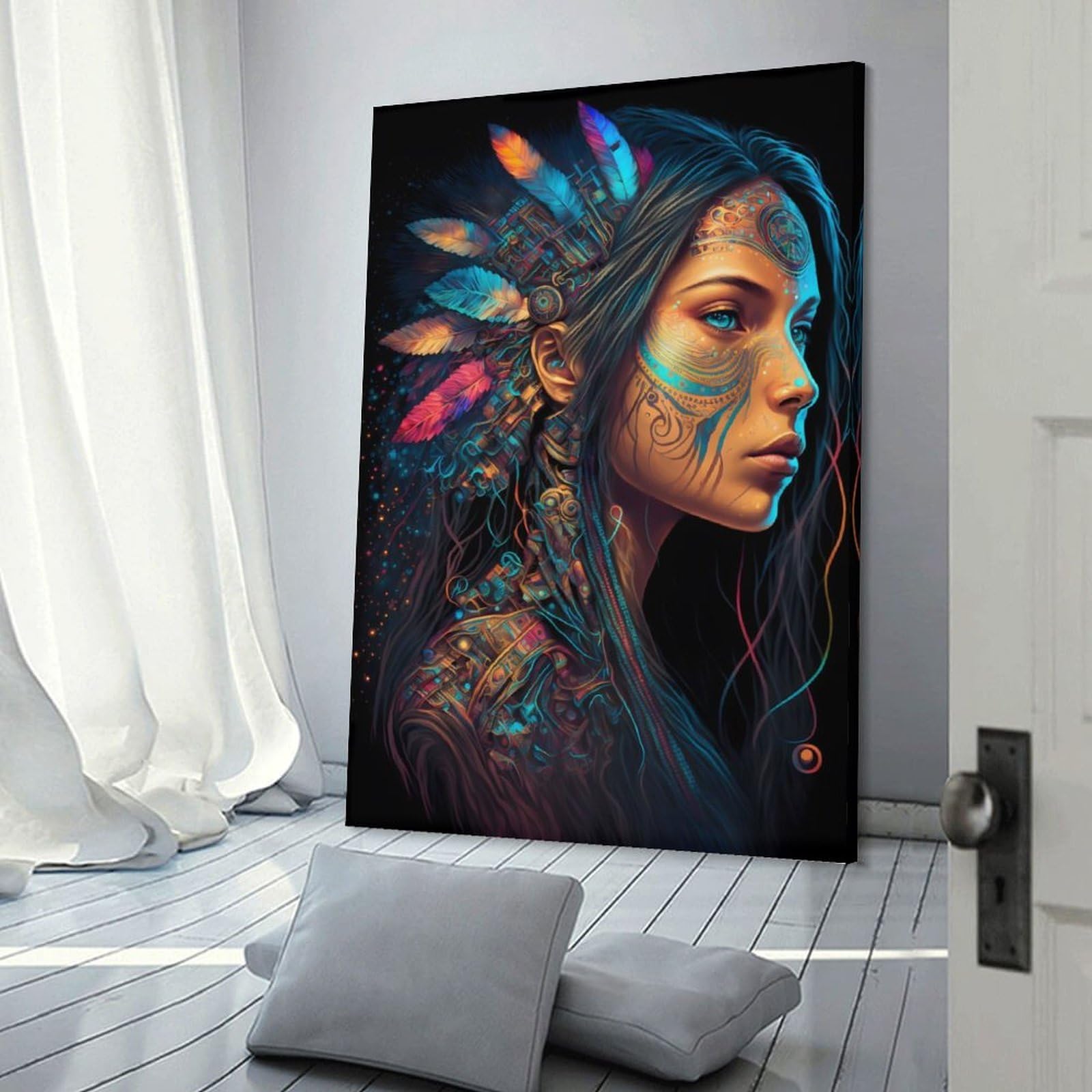 Junmoney Native American Feather Headdress Decorative Canvas Print, 24x36inch(60x90cm), for New Home Styling, Lounge Or Bedroom, Wall Decor with Flexible Room Appeal
