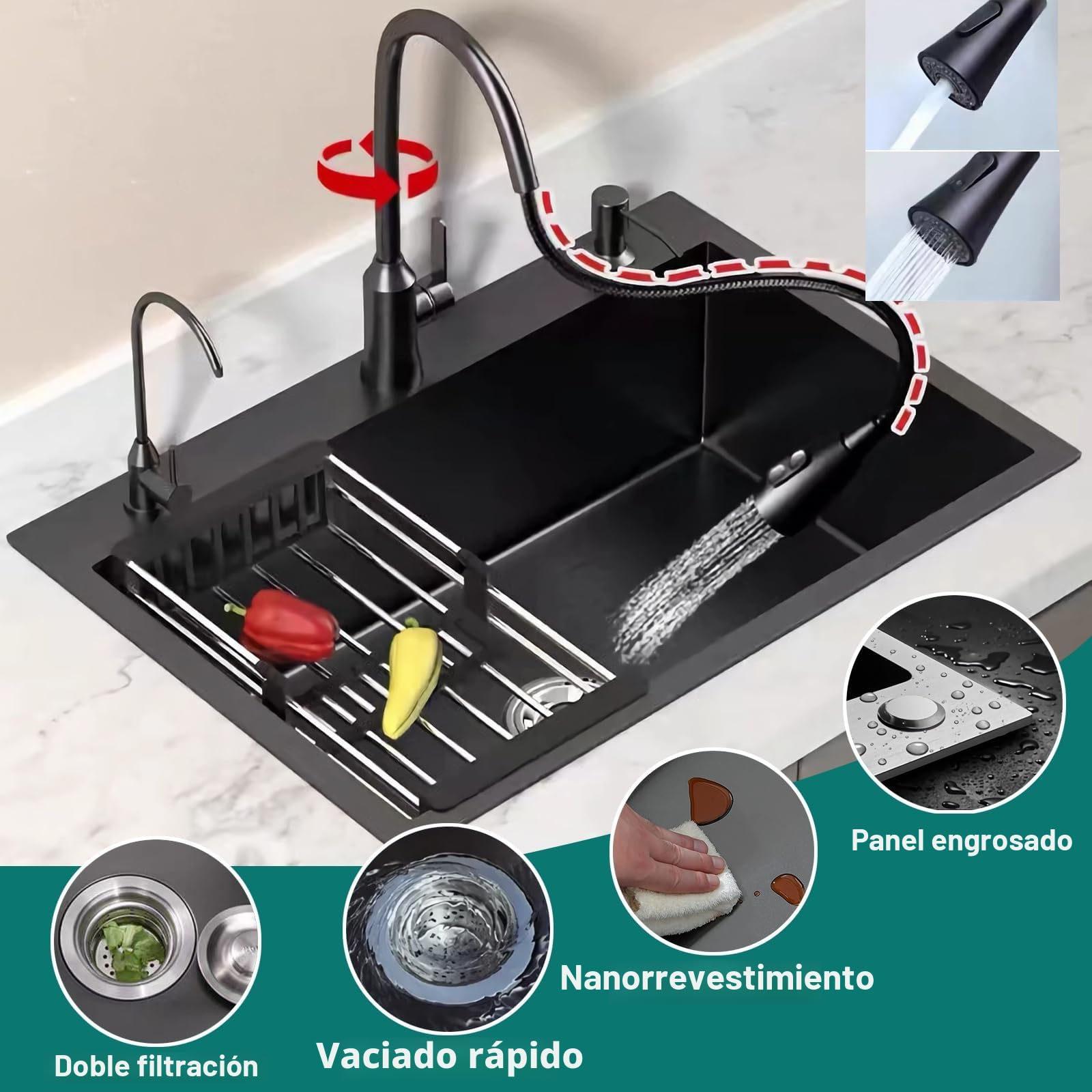 Fregadero de cocina Fregadero negro de acero inoxidable 304 para bar, balcón, bar y cocina con dispensador de jabón, grifo y juego de desagüe (gris oscuro, 50 x 45 cm)