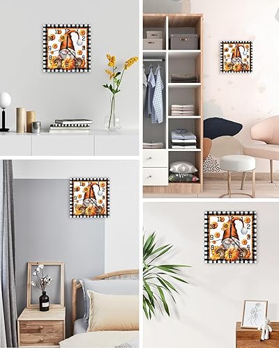 Miniatura 4 de Thanksgiving Wooden Wall Clock Silent Non Ticking, Orange Pumpkin Gnomes Fall Black White Plaid Square Wall Clock Battery Operated, Decor Clock for