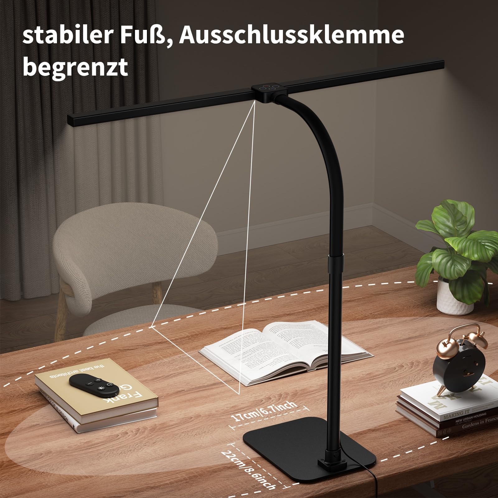 Doppelkopf Schreibtischlampe LED dimmbar, Schreibtischlampen mit Sockel,24W 80cm Tageslichtlampe, Augenpflege 5 Farbtemperaturen 5 Helligkeit, für Arbeit,Haus,Büro,Schlafsaal, Studie,Lesen
