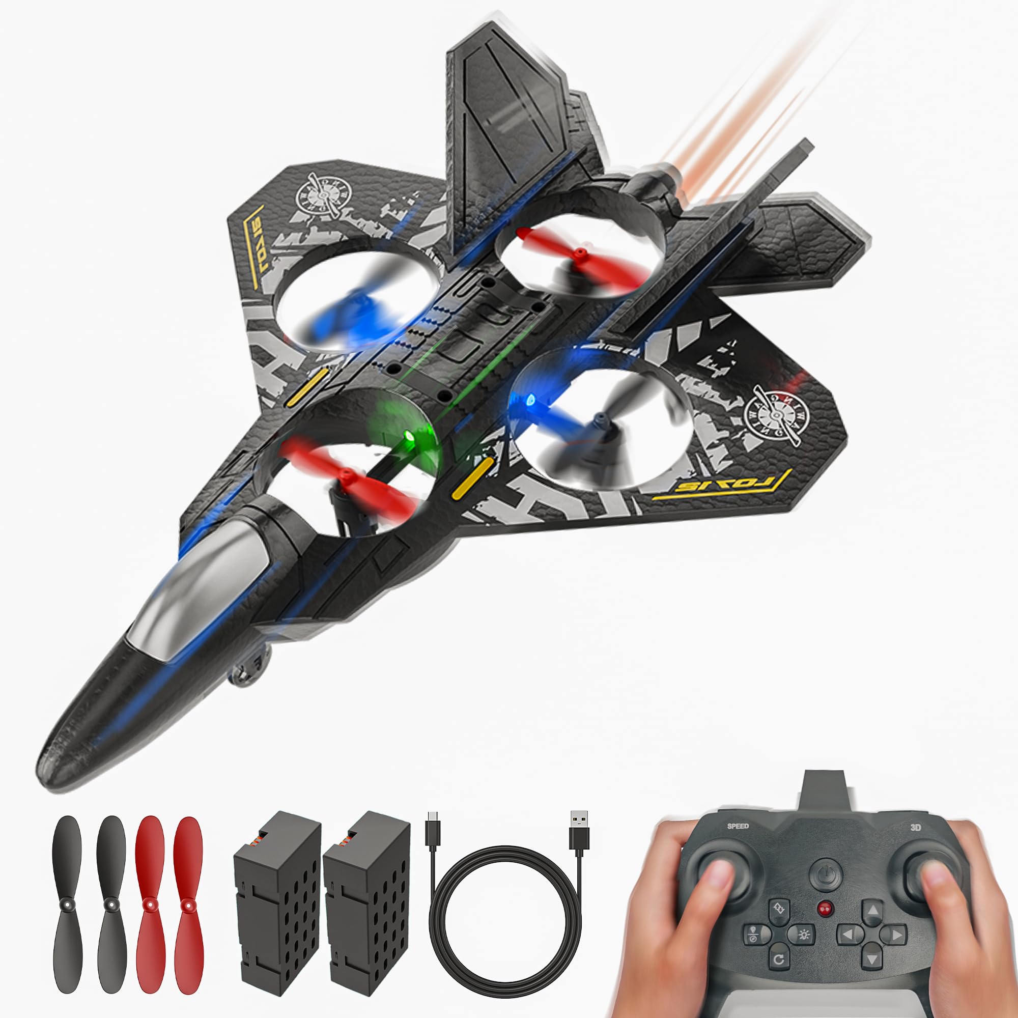 BEZGAR Remote Control Plane RC Airplanes, 2.4GHZ 6-axis Gyro RC Aircraft Toys for Adult Kids Beginners with 360° Flip/Colorful LED Navigation Lights/2 Batteries