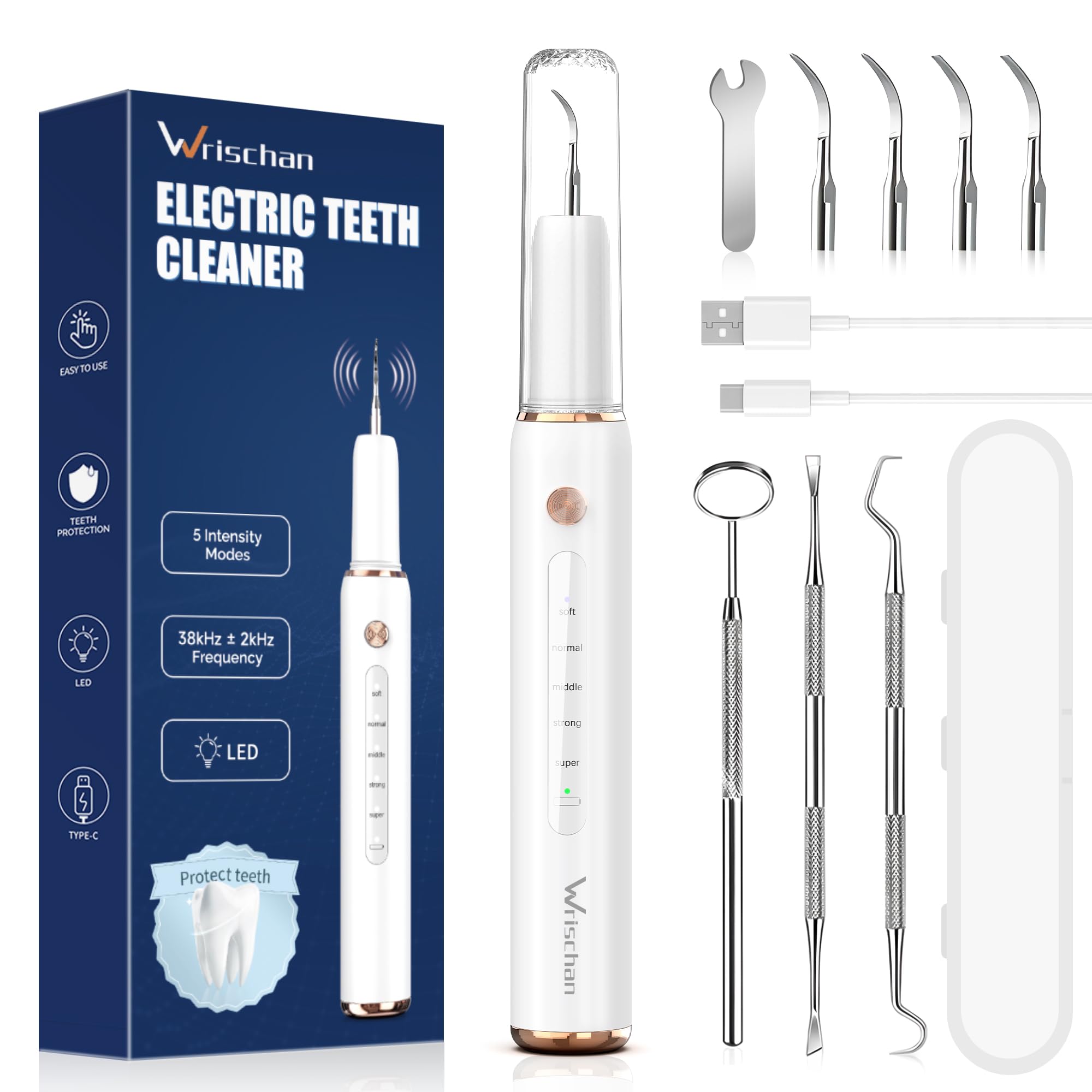 Zahnsteinentferner, Zahnreiniger für Haustiere, Hund Zahnreinigung Kit, 5 einstellbare Modi 4 austauschbare Köpfe, Katzen Zahnreinigung Tools, Hund Zahnreinigung Set mit LED-Licht
