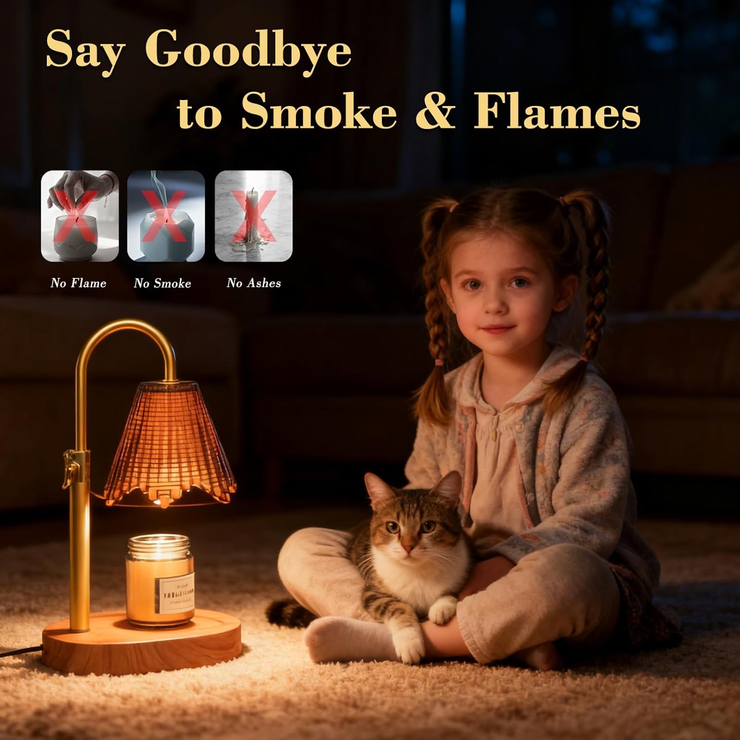Candle Warmer Lamp with Adjustable Height - Flameless 4-Level Dimmable Wax Warmer with Colorful Glass Shade & Wooden Base, Timer Function & Stylish Design in Multiple Colors (Brown2)