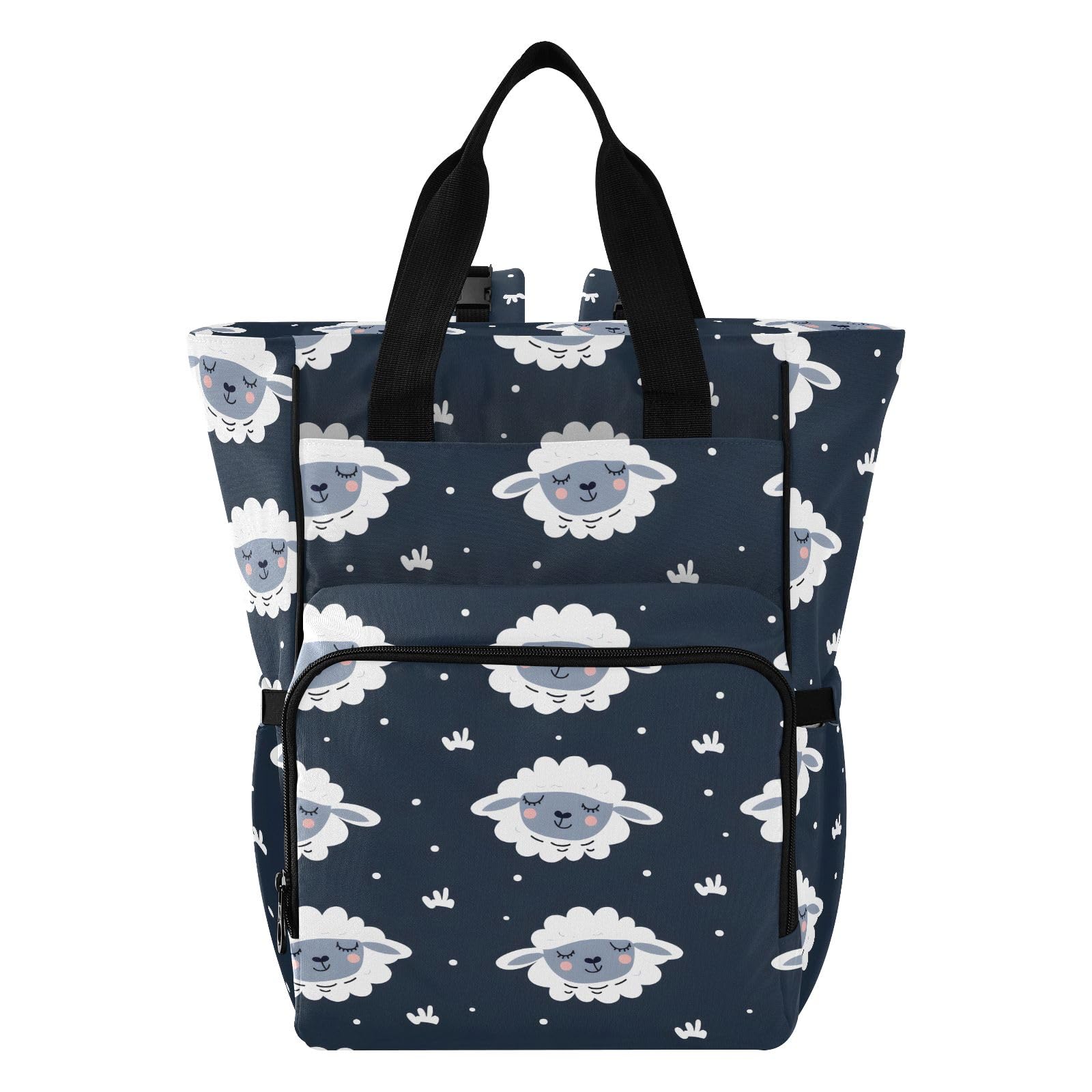Mnsruu Pecore su sfondo blu scuro (2) borsa per pannolini per bambini zaino grande borsa impermeabile da viaggio borse per pannolini per mamme e papà