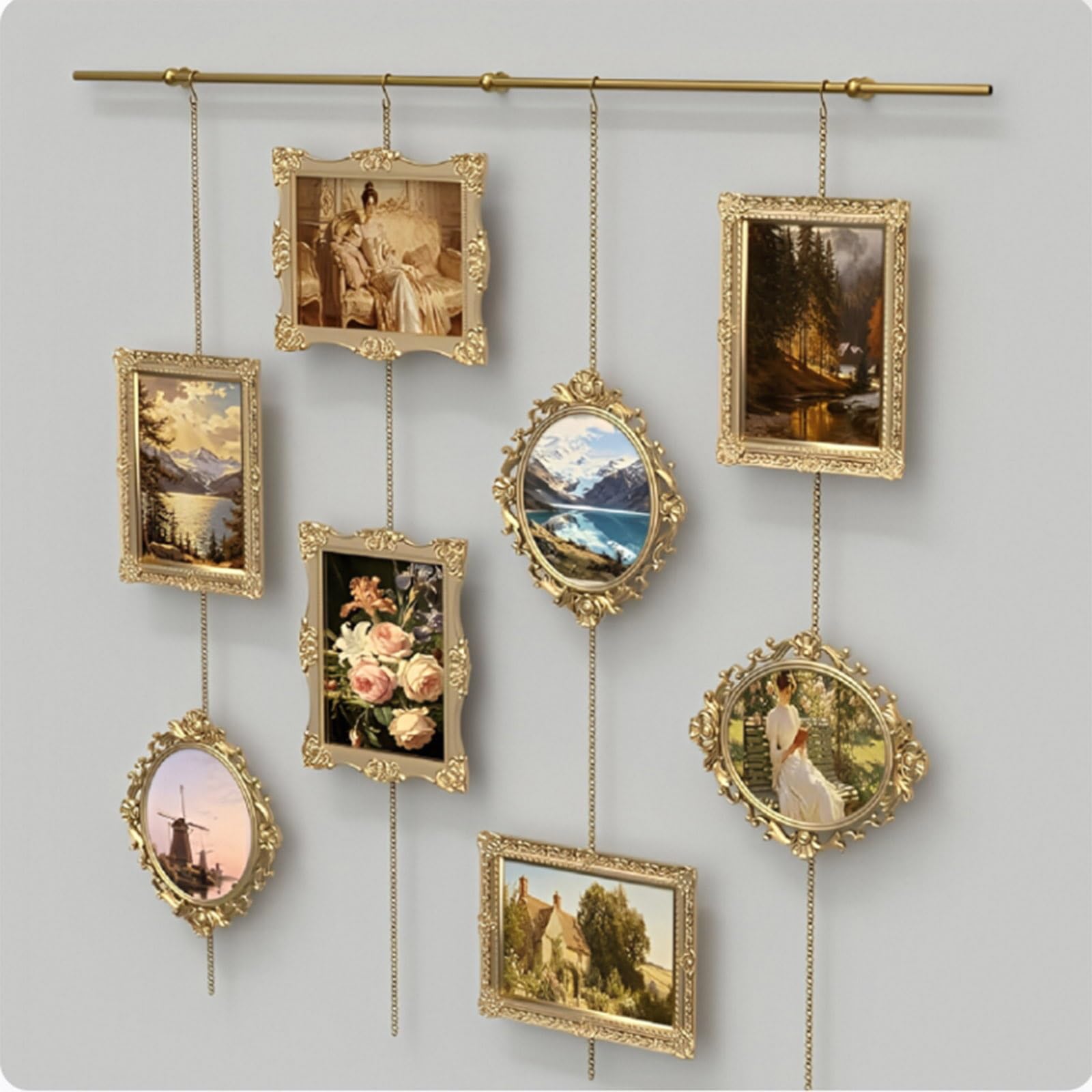 Aenmezen Brass Rail Kit for Gallery, French Style Brass Picture Hanging kit with Chain, Indoor Photo Gallery wall Organizer, for Museum Art Display(1.0m(39.3") Rod)