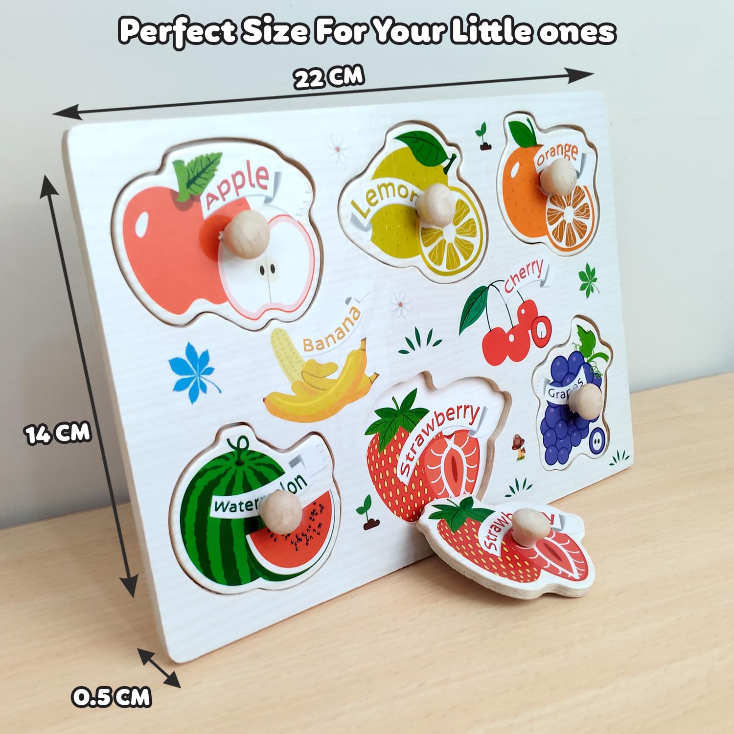 WUDLY Wooden Fruit Peg Puzzle Board with Knobs for Kids 2+ Years, Montessori Educational Toy for Toddlers & Preschoolers, Early Learning Colour & Fruit Recognition & Skills Development Puzzle 3