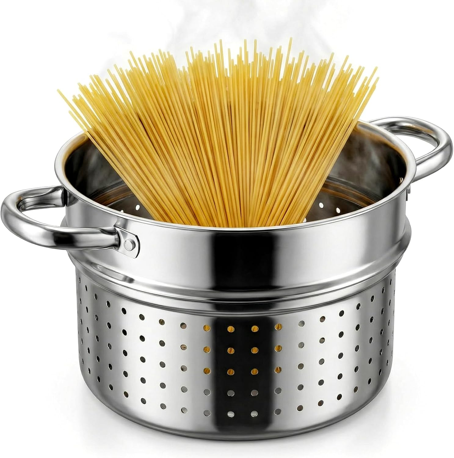 Mifoci 6 Qt Stainless Steel Pasta Strainer Insert for Pot Pasta Insert with Handles Steamer Basket Fits 6 and 8 Quart Stock Pots Cookware, Dishwasher Safe