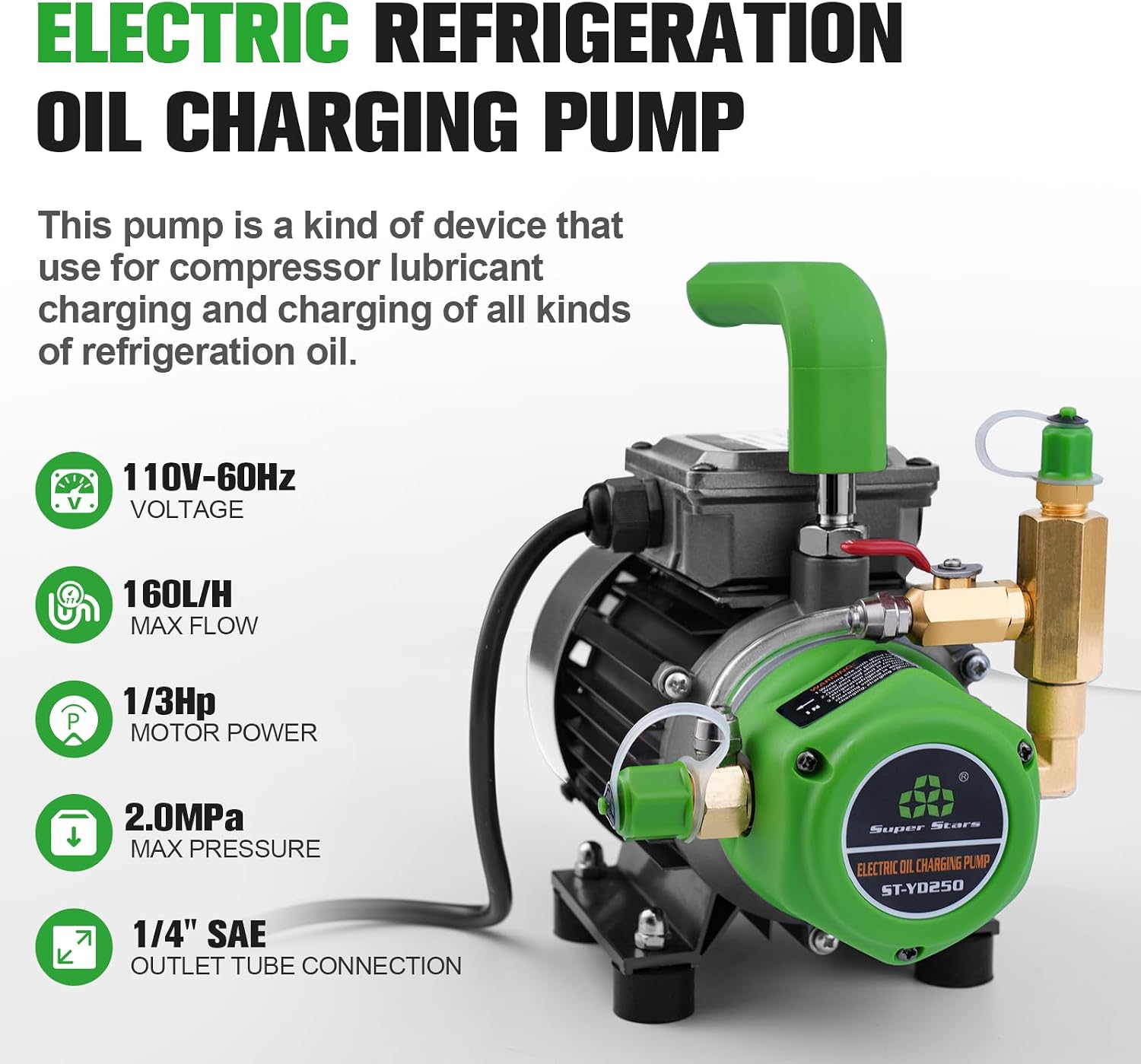 Super Stars Portable Electric Refrigeration Oil Pump - 1/3HP HVAC Oil Charging Pump - 150L/H Flow Rate - 16 Bar Pressure - 1/4" & 3/8" SAE - High-Precision Gear Pump for AC & Commercial Systems