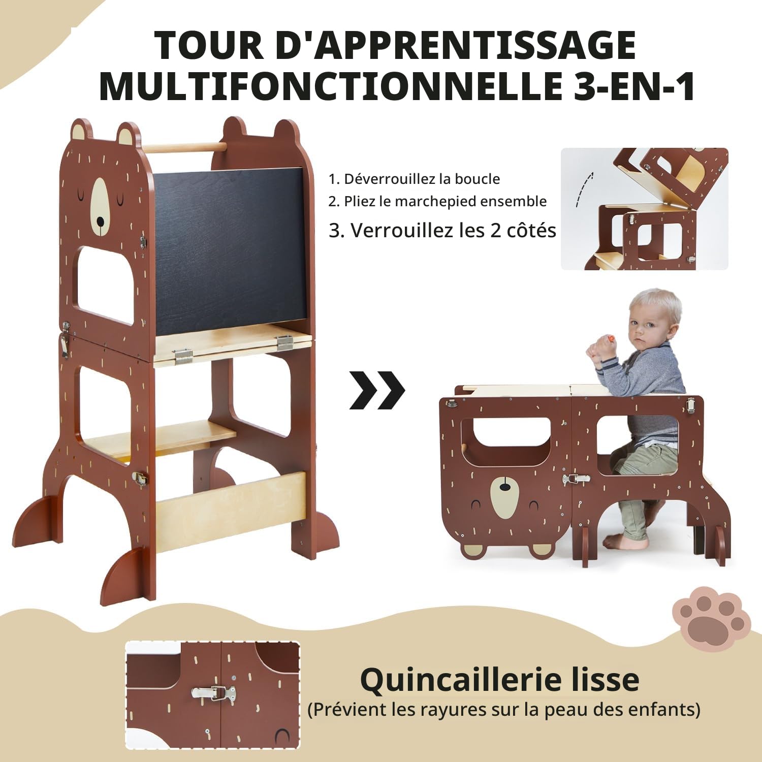 Labebe Tour d Observation Enfant, Grande Taille Tour d'observation Montessori 1-3 Ans,Tour Montessori multifonctionnelle 3 en 1 - l'ours Brun