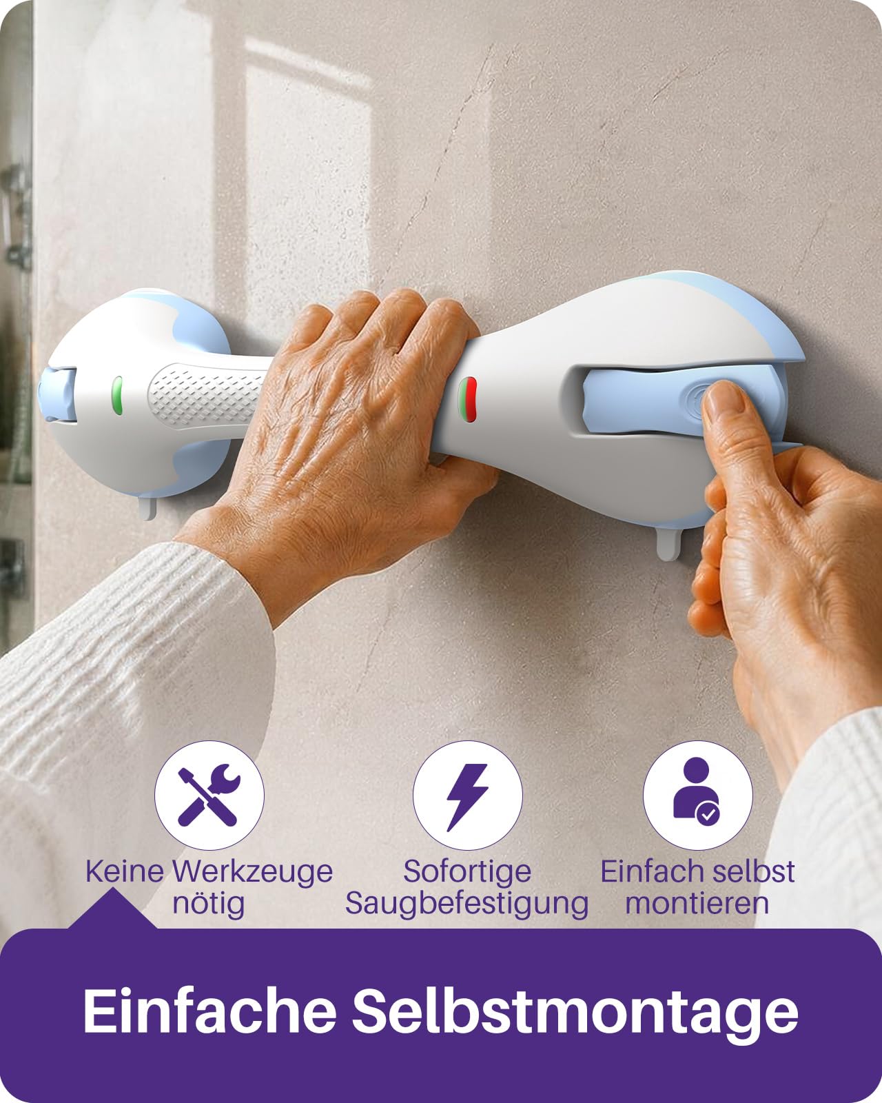 KEKOY Haltegriff mit Saugnapf & Indikator, Haltegriff Dusche ohne Bohren | 44 cm Haltegriffe für Senioren, Max Halt Duschgriff mit Saugnapf für Badezimmer & Badewannen, entfernbar, 2er Hellblau