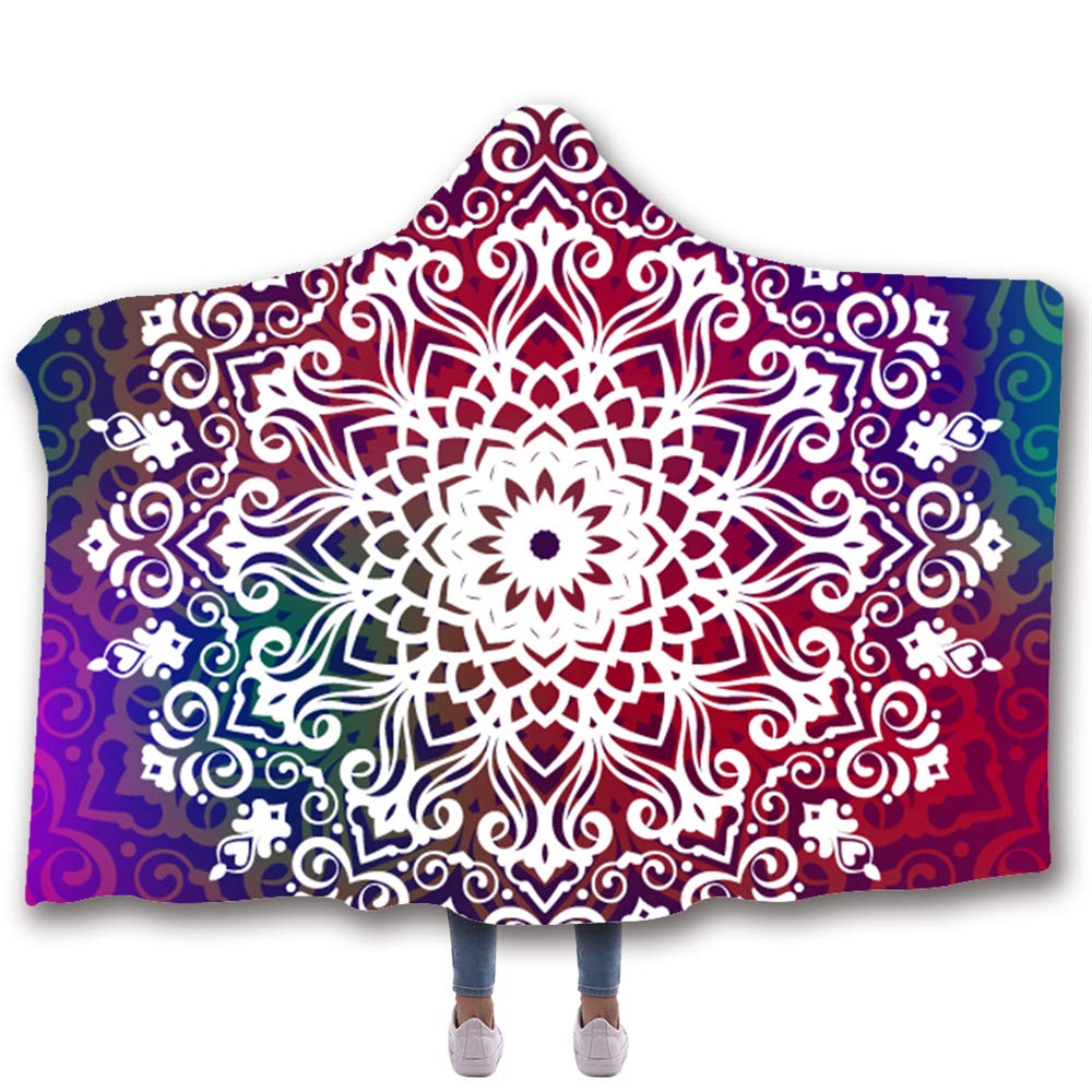 Chickwin Exotic Hooded Blanket for Adult Kids, Cape Throw Wrap Robe Blanket With Hood 3D Mandala Print Wearable Throw Cloak Sofa Blankets Winter Sofa TV Lazy (Adult-200x150cm,Multicolour)