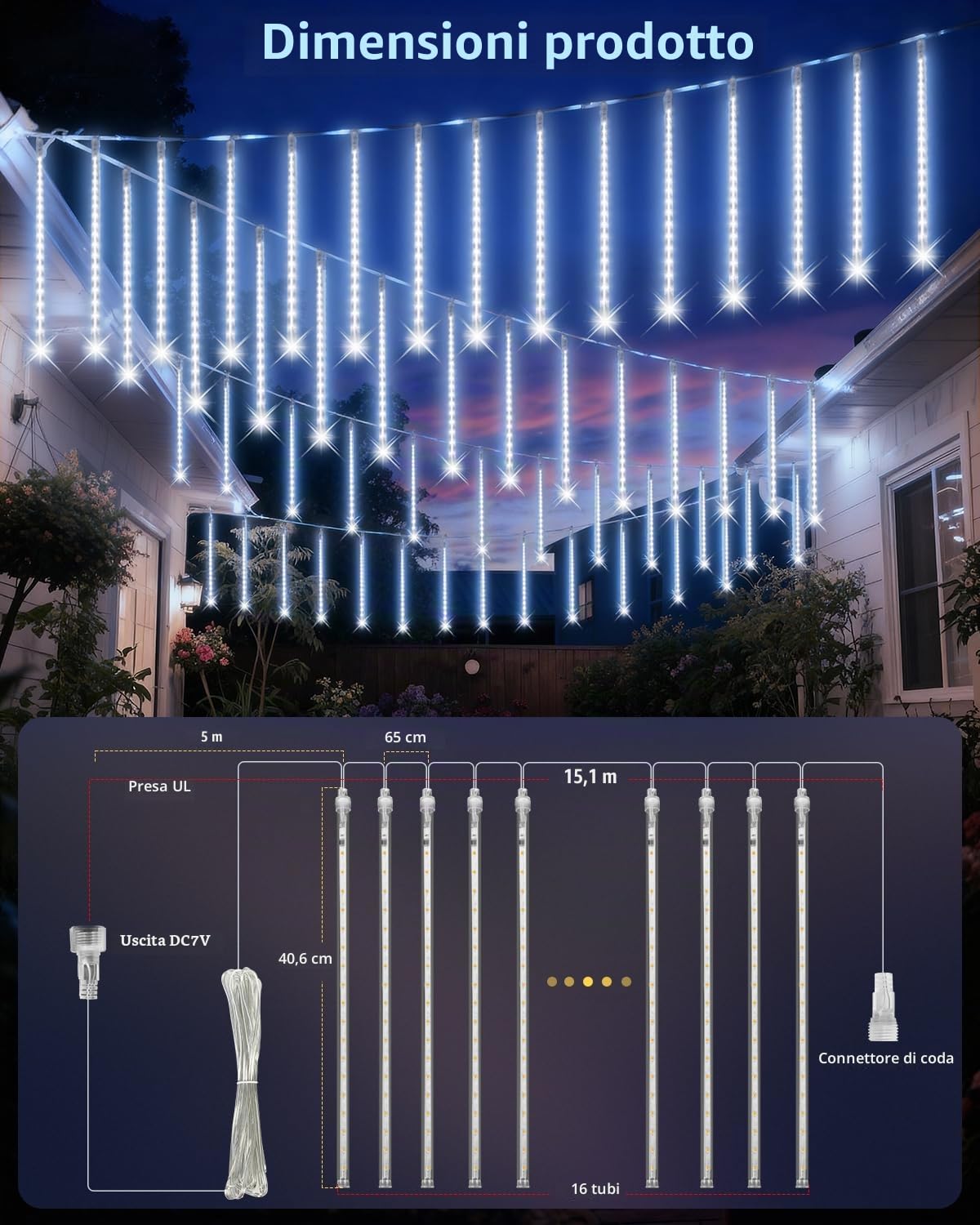 PEMOTech Luci natalizie per esterni, 16 tubi 576 LED da 16 pollici, luci per doccia meteorite all'aperto, luci impermeabili a ghiacciolo, Luces Navideñas para Exteriores, bianco, 15,2 m per albero di