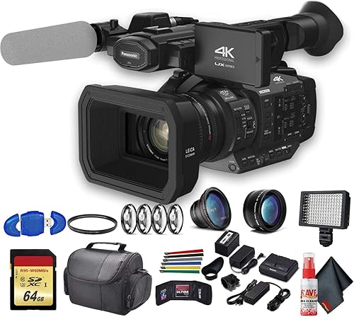 Panasonic AG-UX180 - Videocámara profesional 4K (AG-UX180PJ8) con filtro UV, dioptrías de cerca, lente gran angular, trípode, funda acolchada, luz