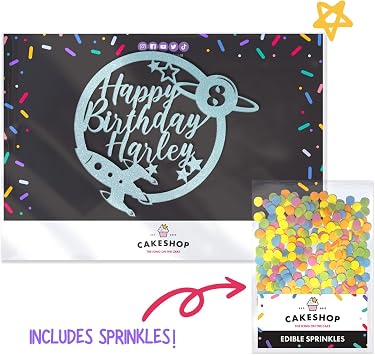 Personalised Space Rocket Planet Glitter Cake Topper Lt Blue Any Custom Age & Name Glitter Cake Decoration and Sprinkles - Happy Birthday Decorations - Personalised Toppers for Cakes by Cakeshop