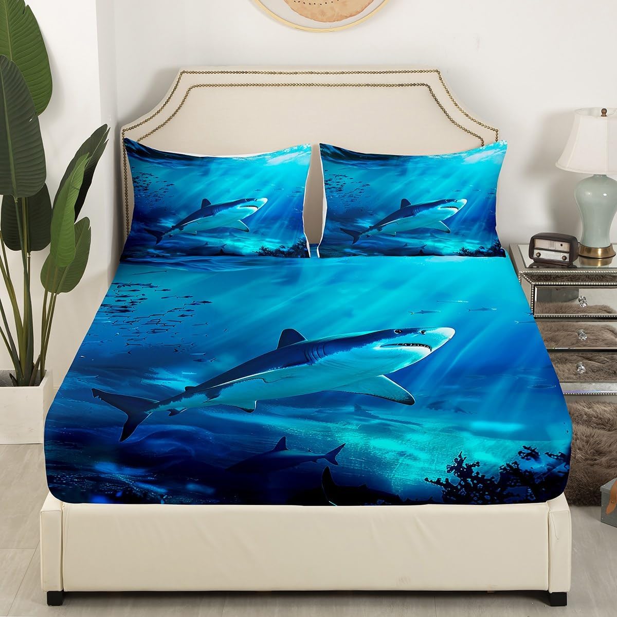 3D Shark Pattern Bedding Set Twin Size Sea Night View at Seas Bed Set for Girls Teens Bedroom Decor Kids Underwater World Fitted Sheet Soft Blue Ocean Bed Cover(1 Fitted Sheet+1 Pillow Case)
