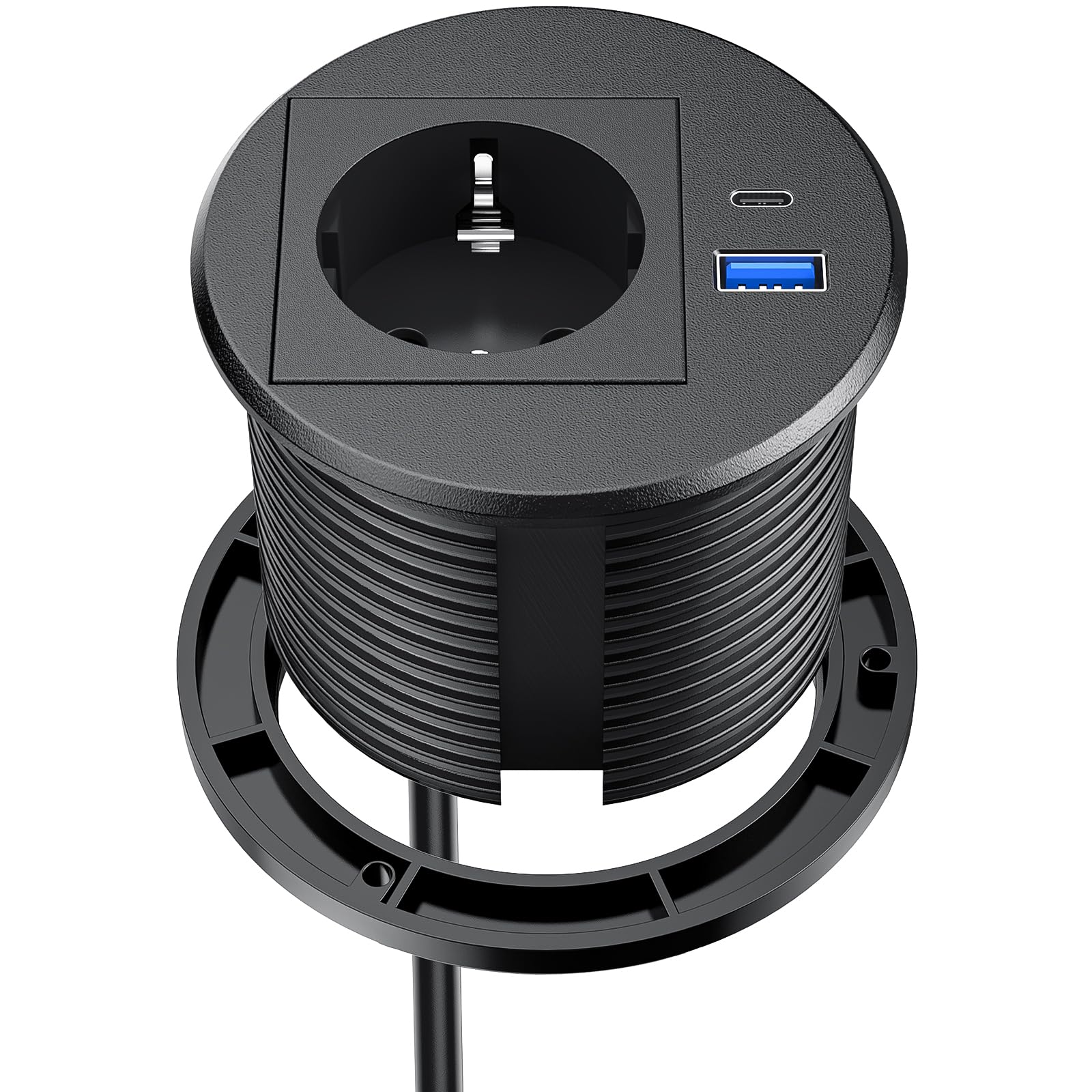 OhuoDesk Built-in Socket with USB C, Retractable Socket with USB A and C for Worktop Kitchen, 2 m Cable, Black