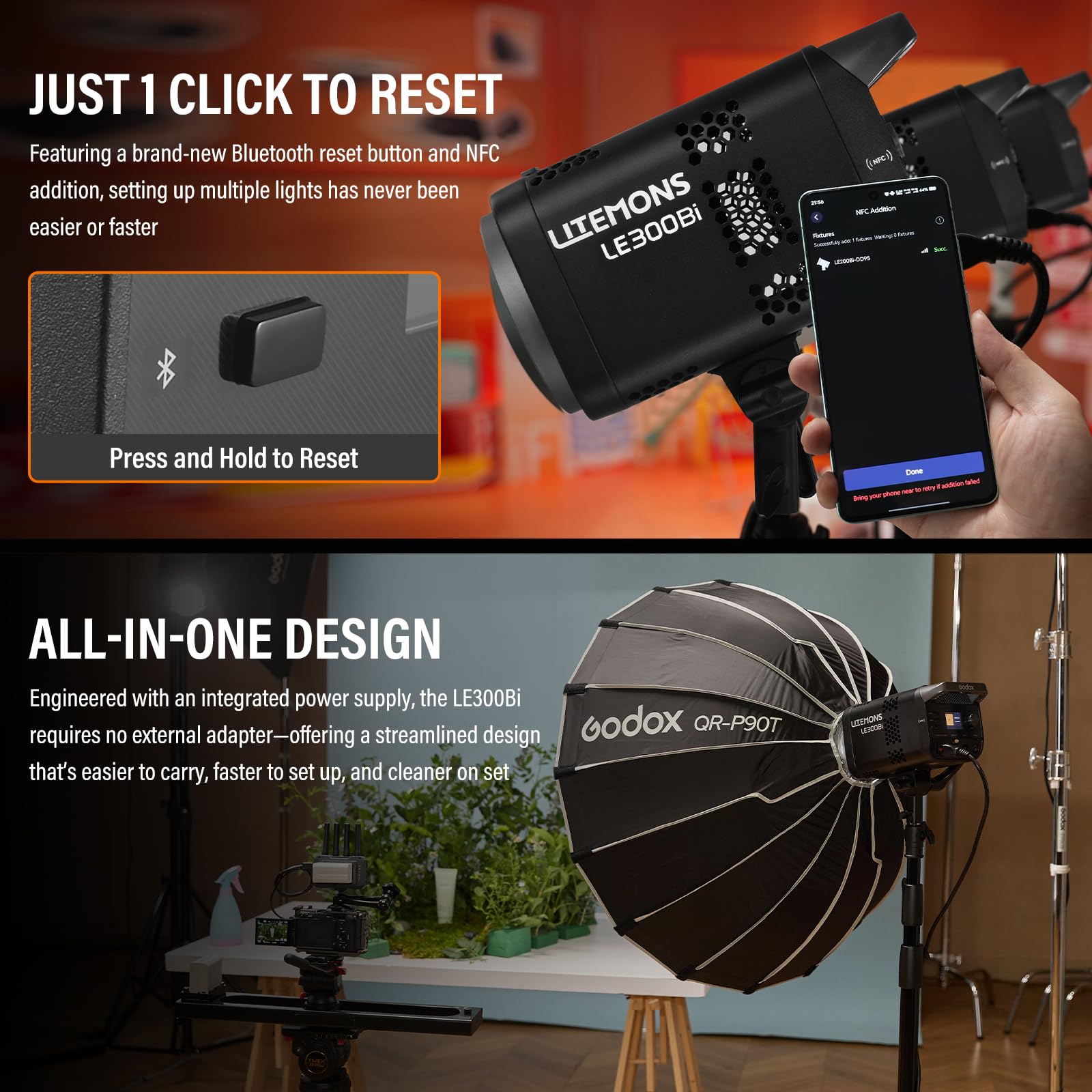 Godox Litemons LE300Bi LE300 Bi Luz Continua LED Video Light 320W 2800K~6500K 58900 Lux/1m TLCI/CRI≈98 Control Bluetooth 11 Efectos FX Montura Bowens Luz de Vídeo para Vlogging Live Youtube (Negro)