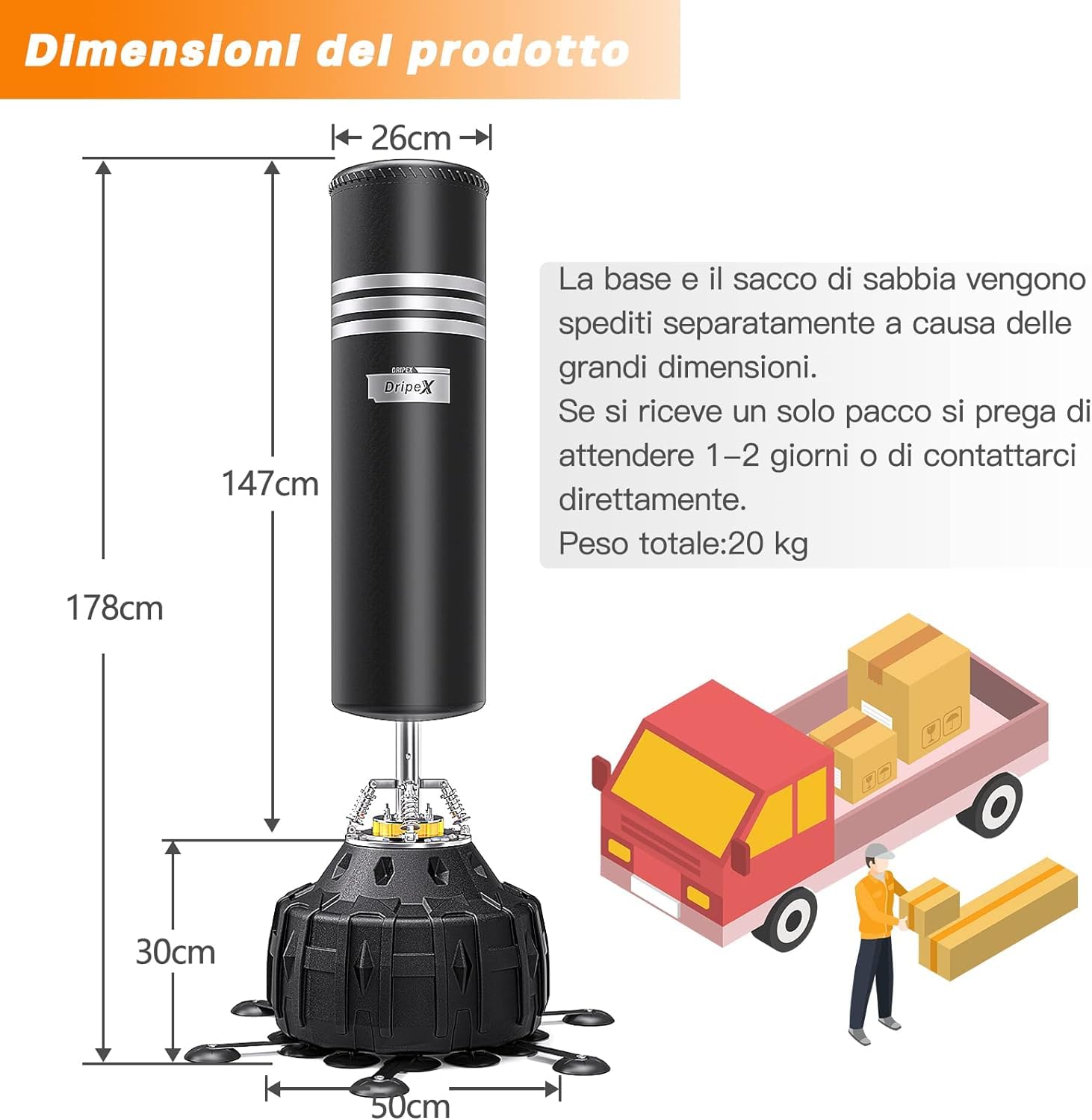 Dripex Sacco da Boxe da Terra, 178cm con Base a 25 Potenti Ventose Riempibile 80kg Sabbia / 60kg Acqua Pugilato Kickboxing Autoportante MMA Thai per Adulti (Spedizione in 2 Pacchi Separati)
