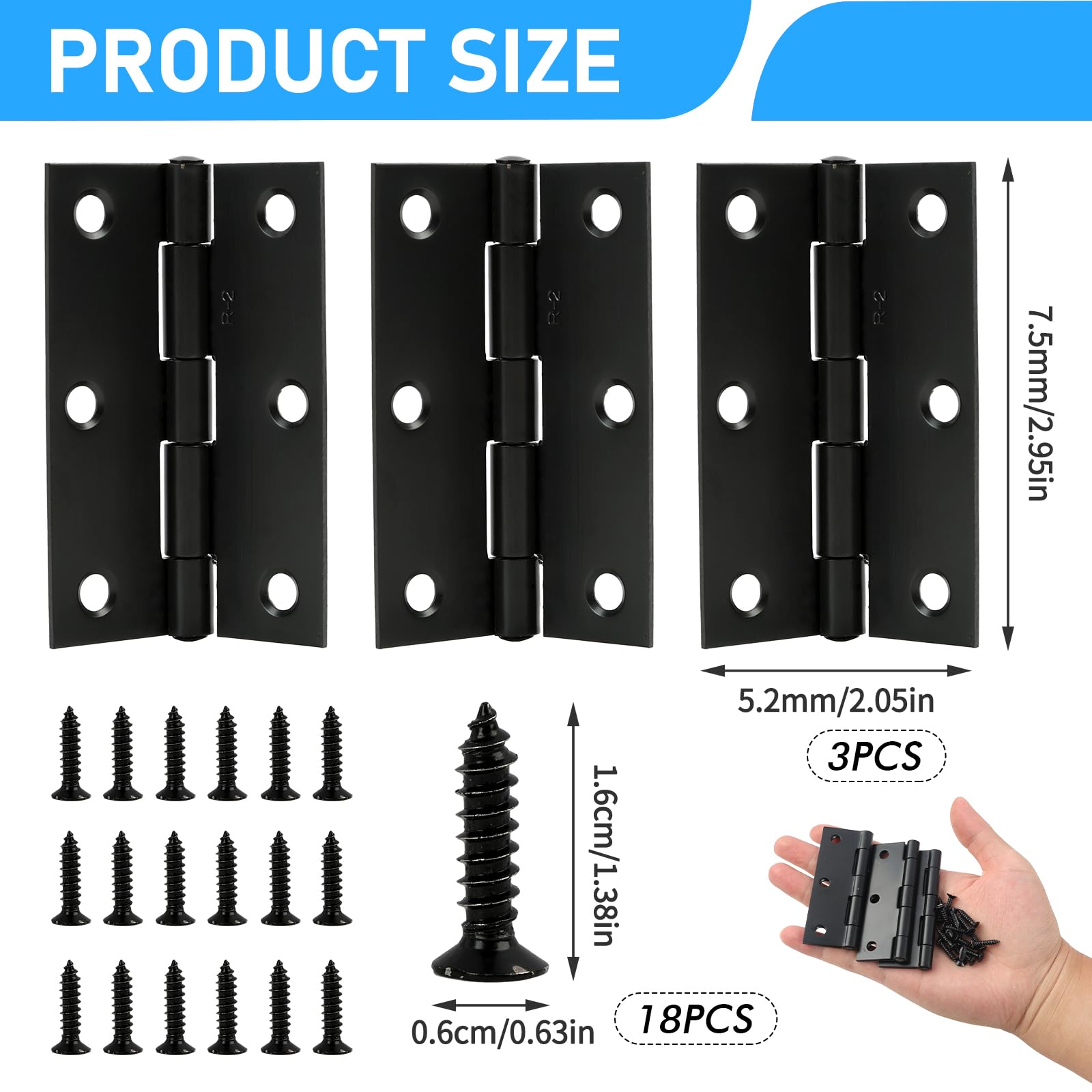 Premium 3 Inch (75mm) Matt Black Ball Bearing Hinges - Heavy-Duty Steel Door Hinges for Internal Wooden Doors, Smooth and Quiet Operation - Includes 18 Matching Screws (1.5 Pairs) - Image 2