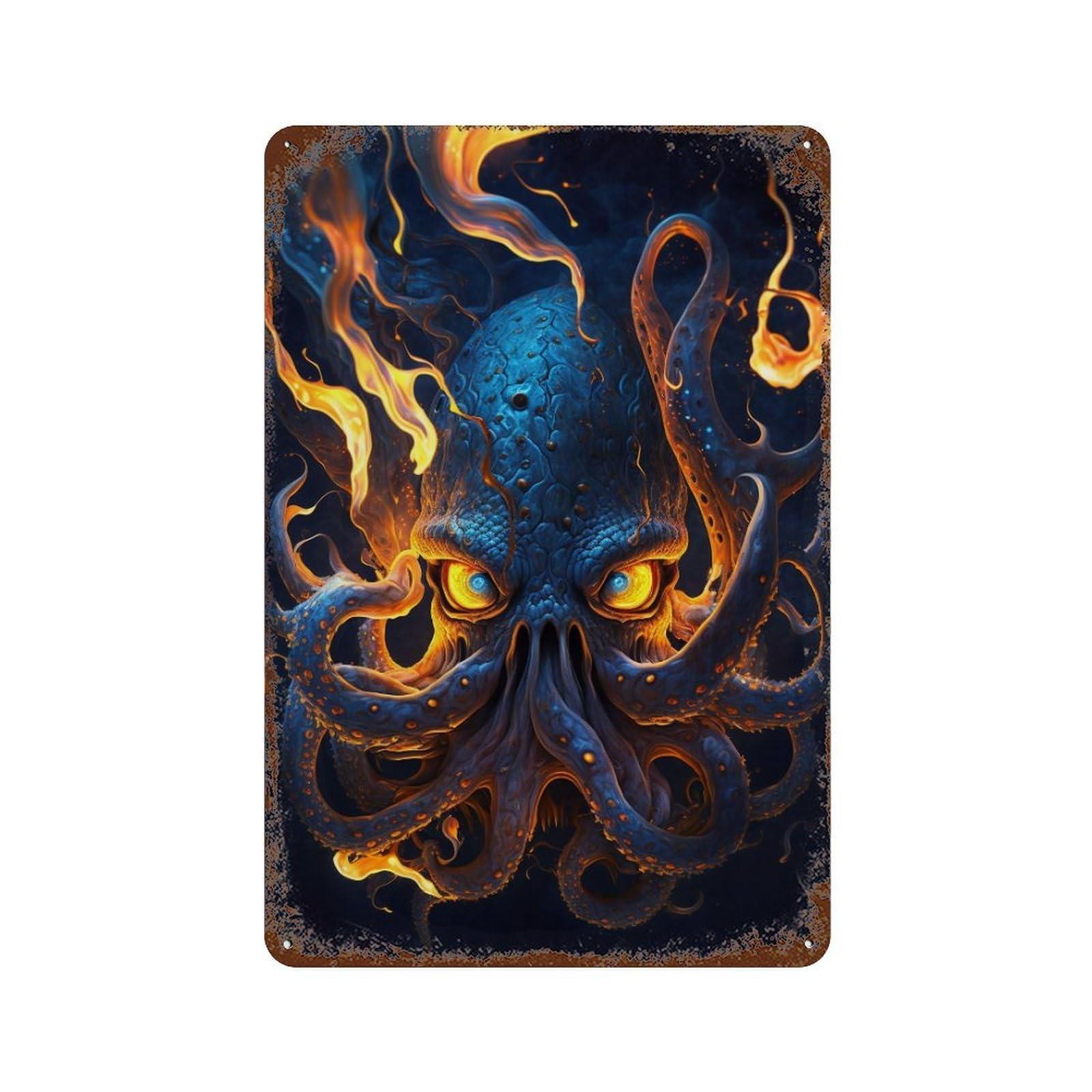 Flaming Octopus Artwork -1 11.8"x7.9" Decorative Tin Sign, Retro Wall Decor for Garage, Bar And Workshop Decor