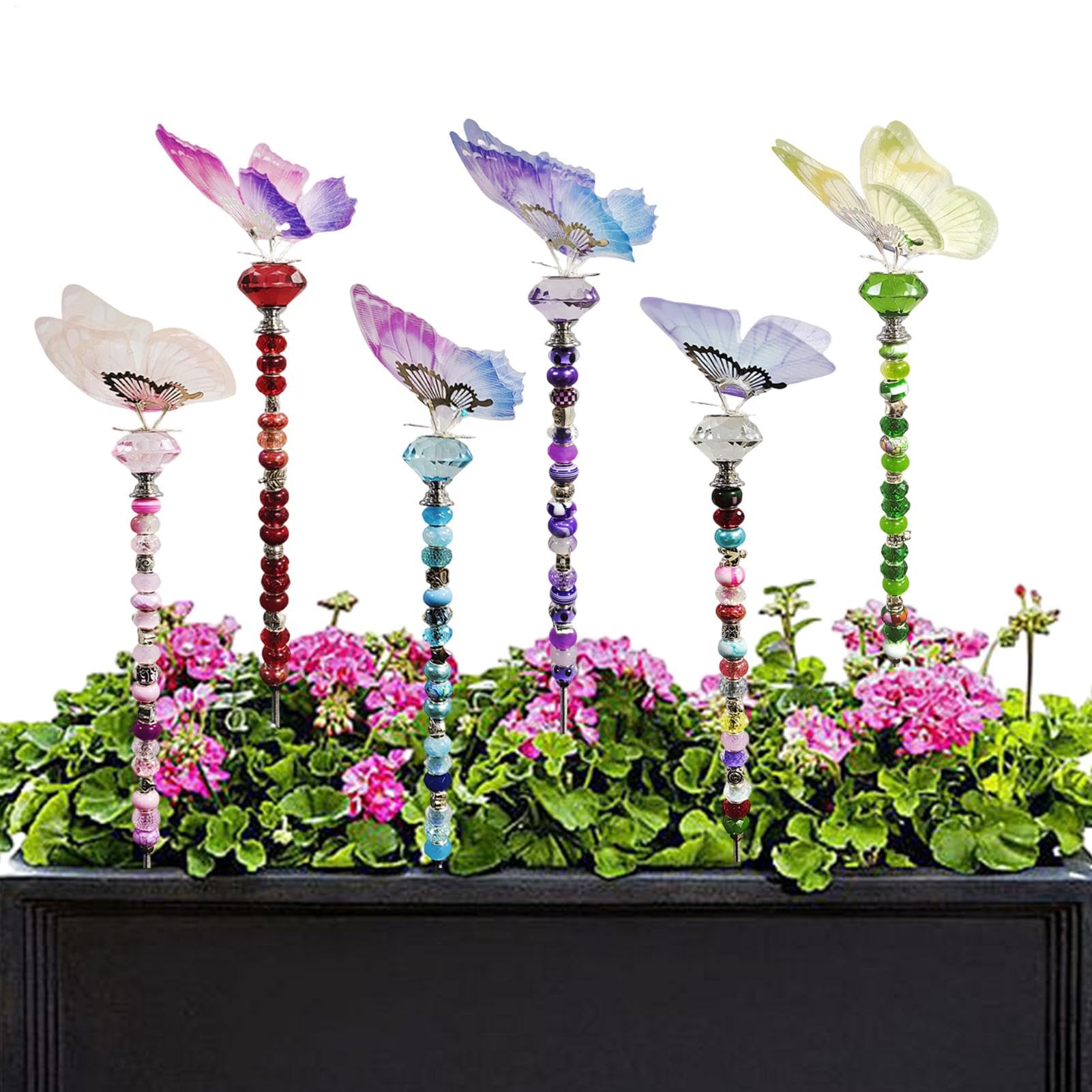 Fairy Garden Stakes Kit, akcesoria do dekoracji ogrodu, ogrodowego, ręcznie robione sztabki ścienne z 6 koralikami gwintowanymi, kryształami, orzechami i koralikami z otworami do