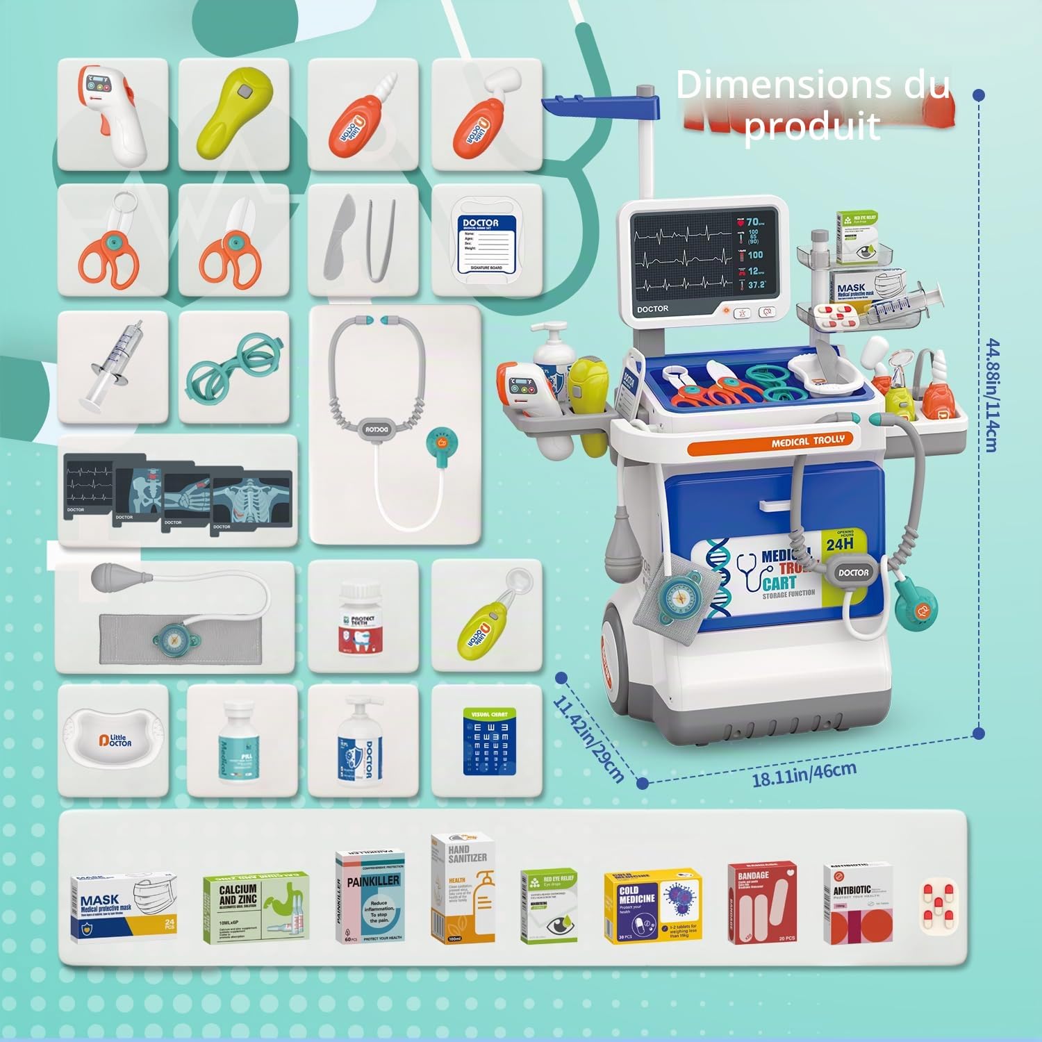 Mallette Docteur Enfant 32 Pièces Kit Médical Jouet avec Stéthoscope, Thermomètre, Seringue, Chariot