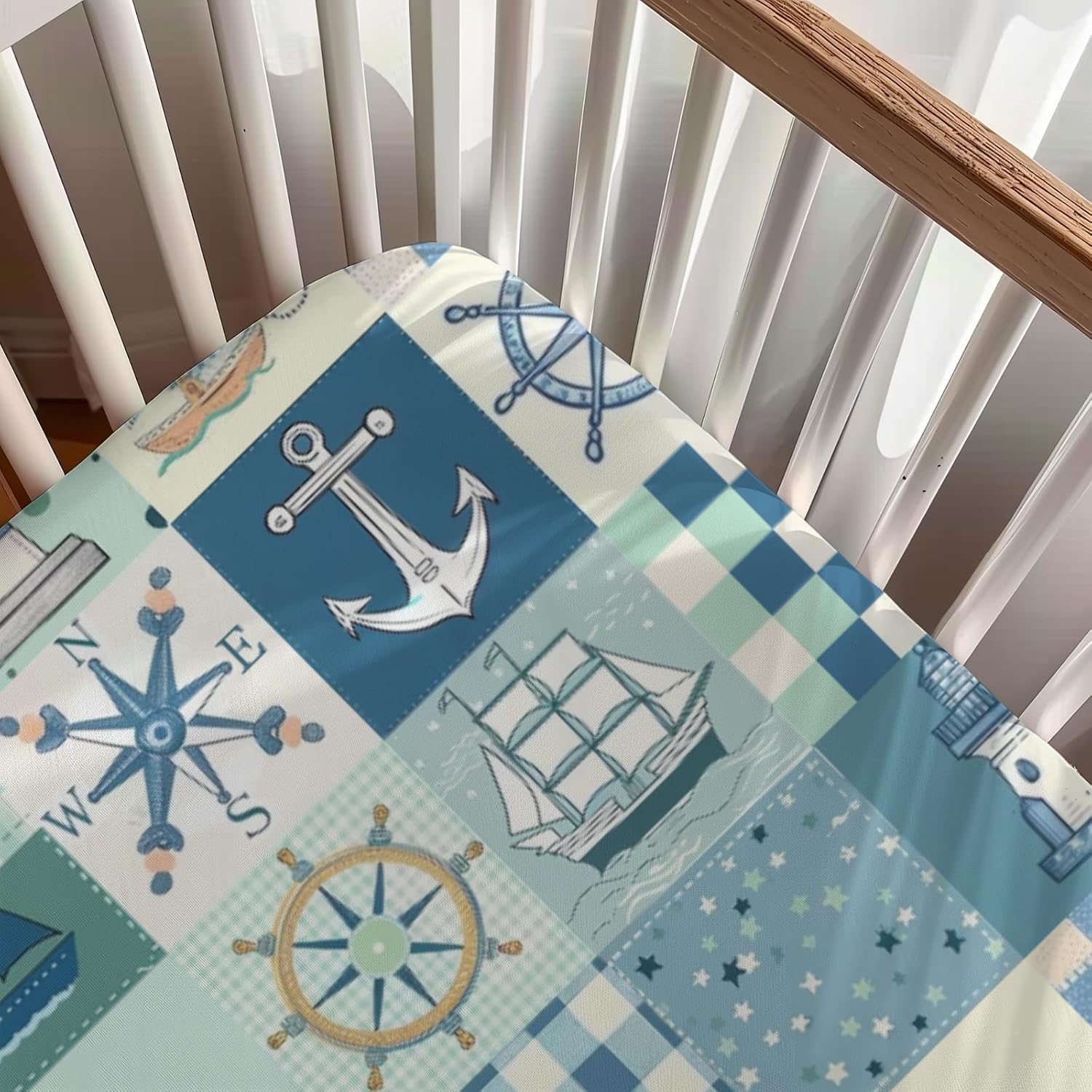 Sailor Boats Lighthouse Checkered Patchwork Pattern Baby Sheets for Crib, Unisex Ocean Nursery Fitted Bed Sheet for Boys Girls Standard Crib and Toddler Mattress-28x52