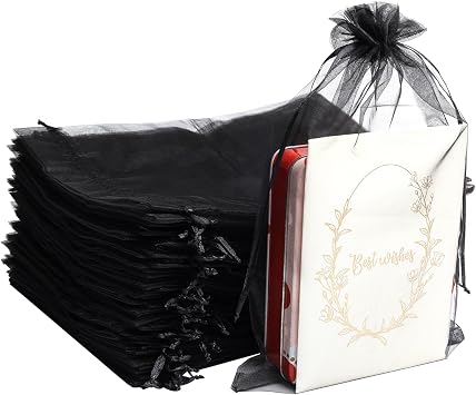 Uigidori 100 Pcs Premium Organza Bags, 8 x 12 Inches Sheer Organza Gift Pouches with Drawstring, Large Mesh Favor Bags for Wedding Favors, Party, Jewelry, Christmas, Makeup Wrapping Supplies Black