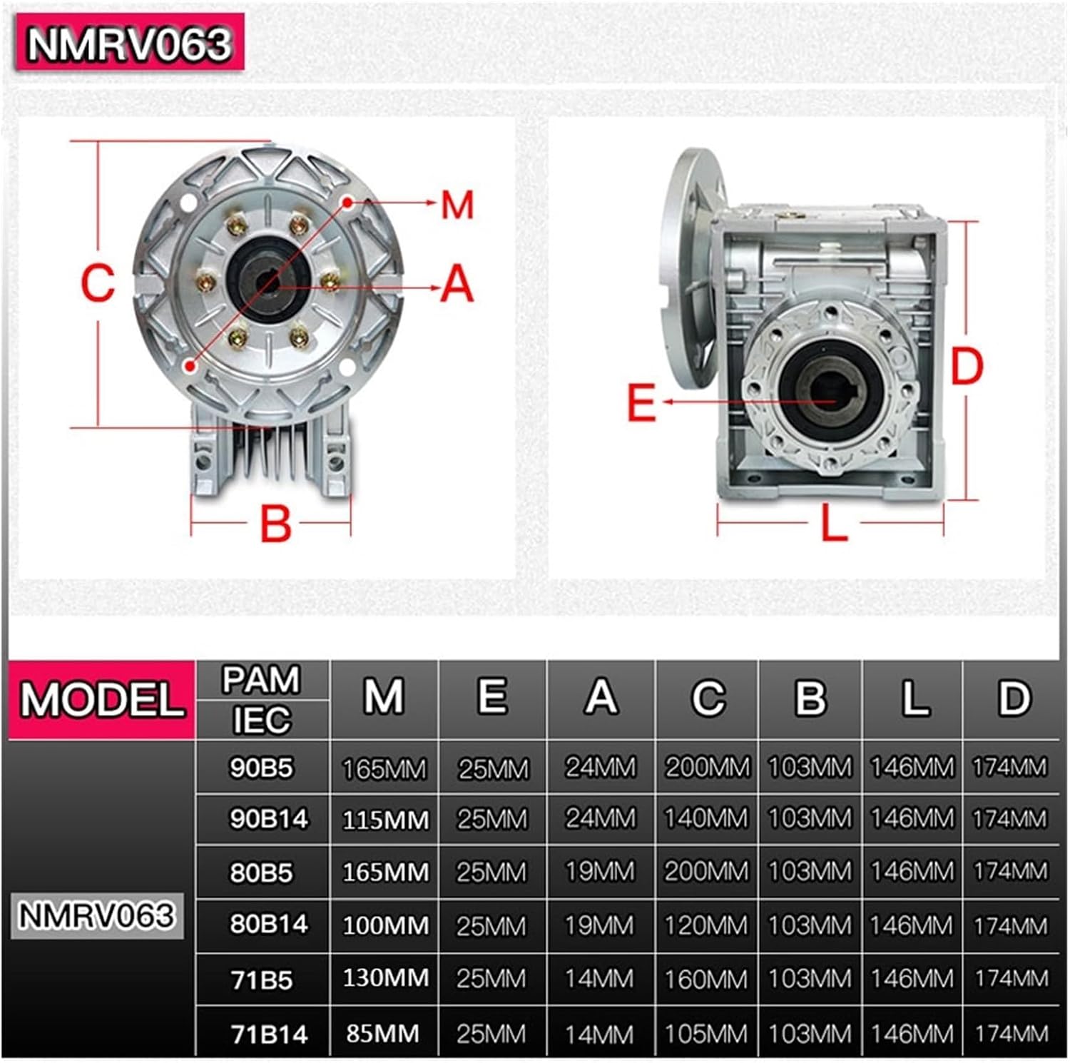 High Torque NMRV063 Worm Gear Reducer Gear Ratio 5:1 to 100:1 Input Hole 14mm/19mm/24mm Speed Reducer Suitable for Various Motor