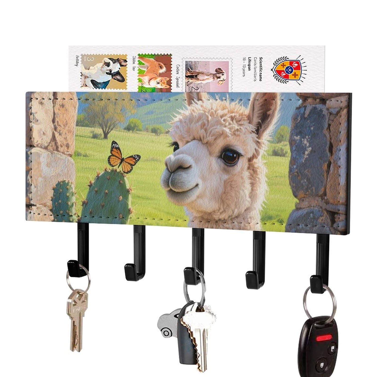 Cute Llamas Alpaca With Cactus Key Holder for Wall, Decorative Key Hooks with Mail Organizer & 5 Hooks, Self Adhesive Leather Key Hanger for Entryway, Wall Mounted Key Rack (7.1” X 4.3” X 0.9”)