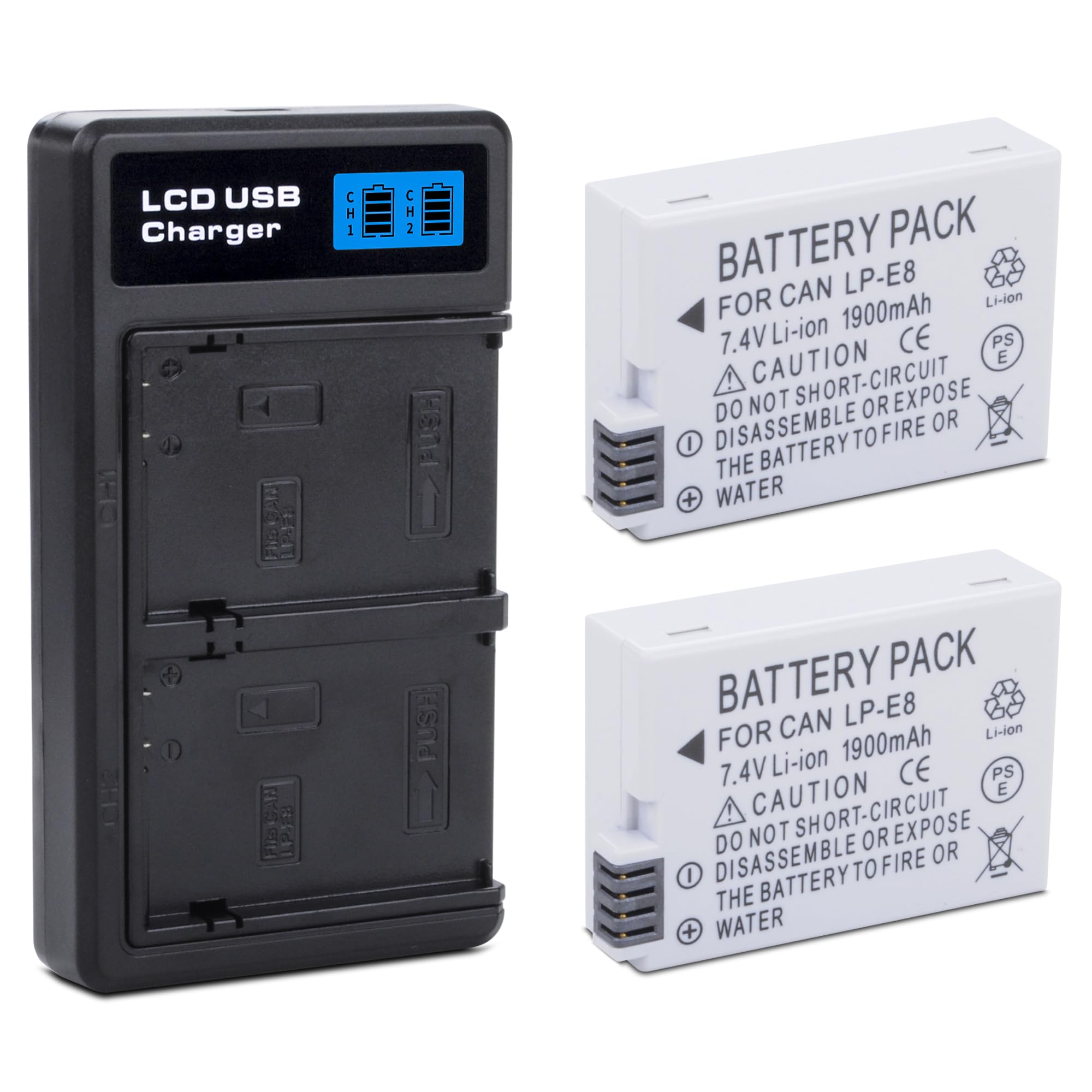 2-Pack LP-E8 Battery with USB-C Dual Charger Compatible with Canon EOS Rebel T2i, T3i, T4i, T5i, 550D, 600D, 650D, 700D, Kiss X4, X5, X6i, X7i Cameras