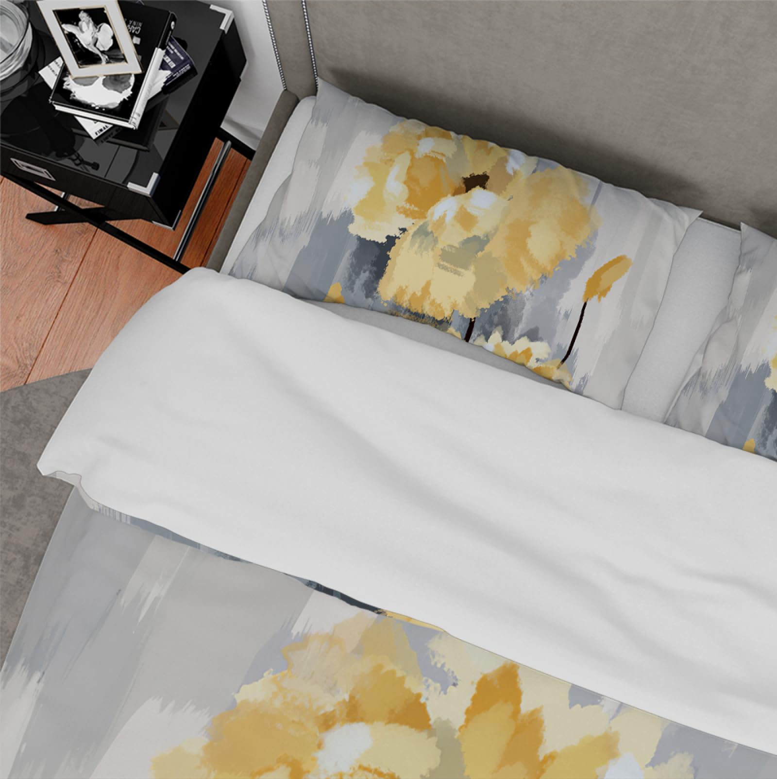Luxury Duvet Cover Yellow Flower Duvet Quilt Cover Gray Gradient Spring Floral Bedding Set for Kids' Duvet Cover with 2 Pillow Cases 120x200cm