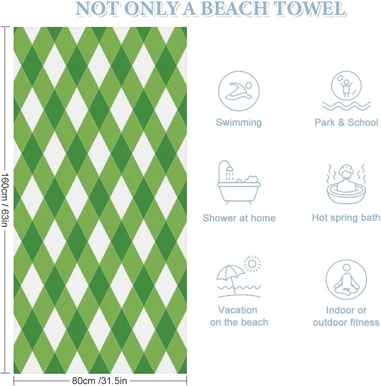 Green Argyle Bath Towel Beach Towels Quick Dry Oversized Bath Blanket Highly Absorbent Towel for Women Men 160x80cm