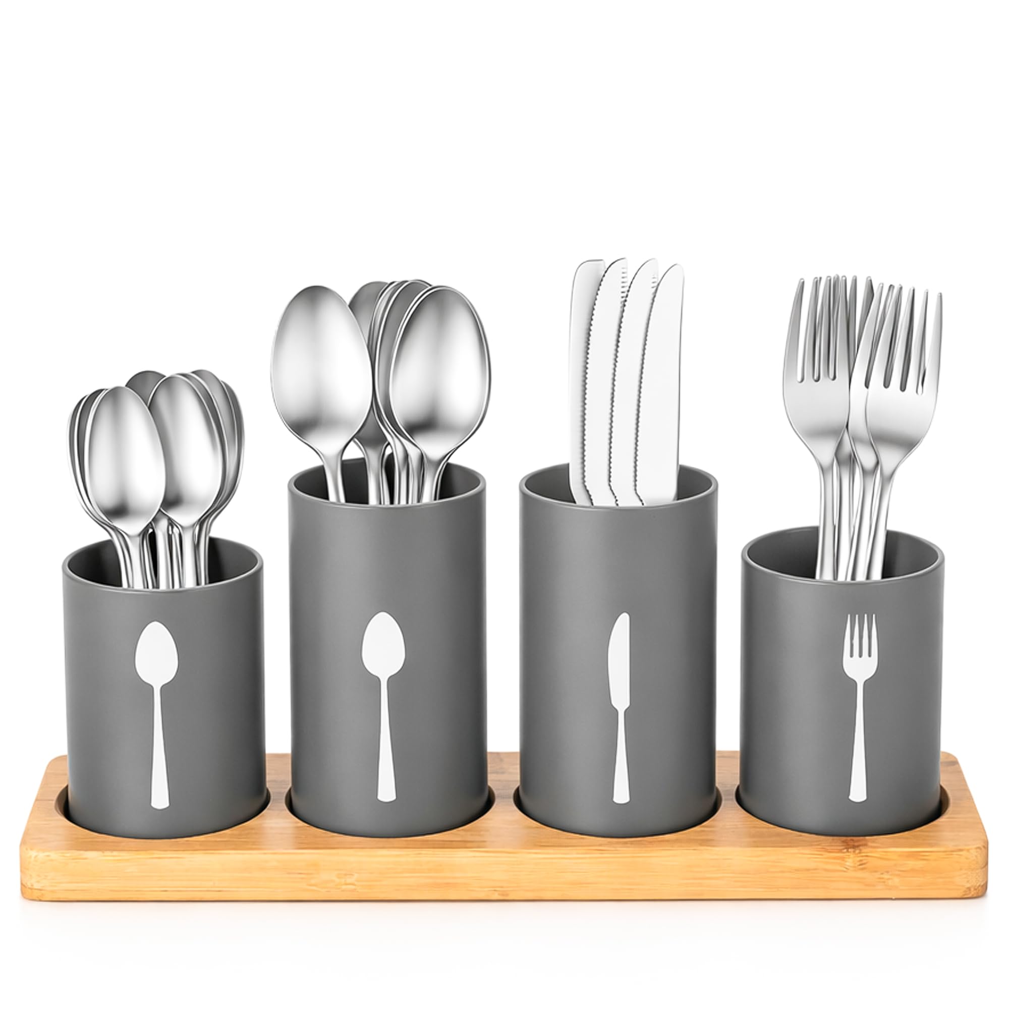 Innoteck Grey Cutlery Set With Bamboo Holder 20Pcs Stainless Steel – Tableware For 4 With Organizer – Forks, Knives, Spoons, Teaspoons & Cake Forks – Dishwasher Safe,