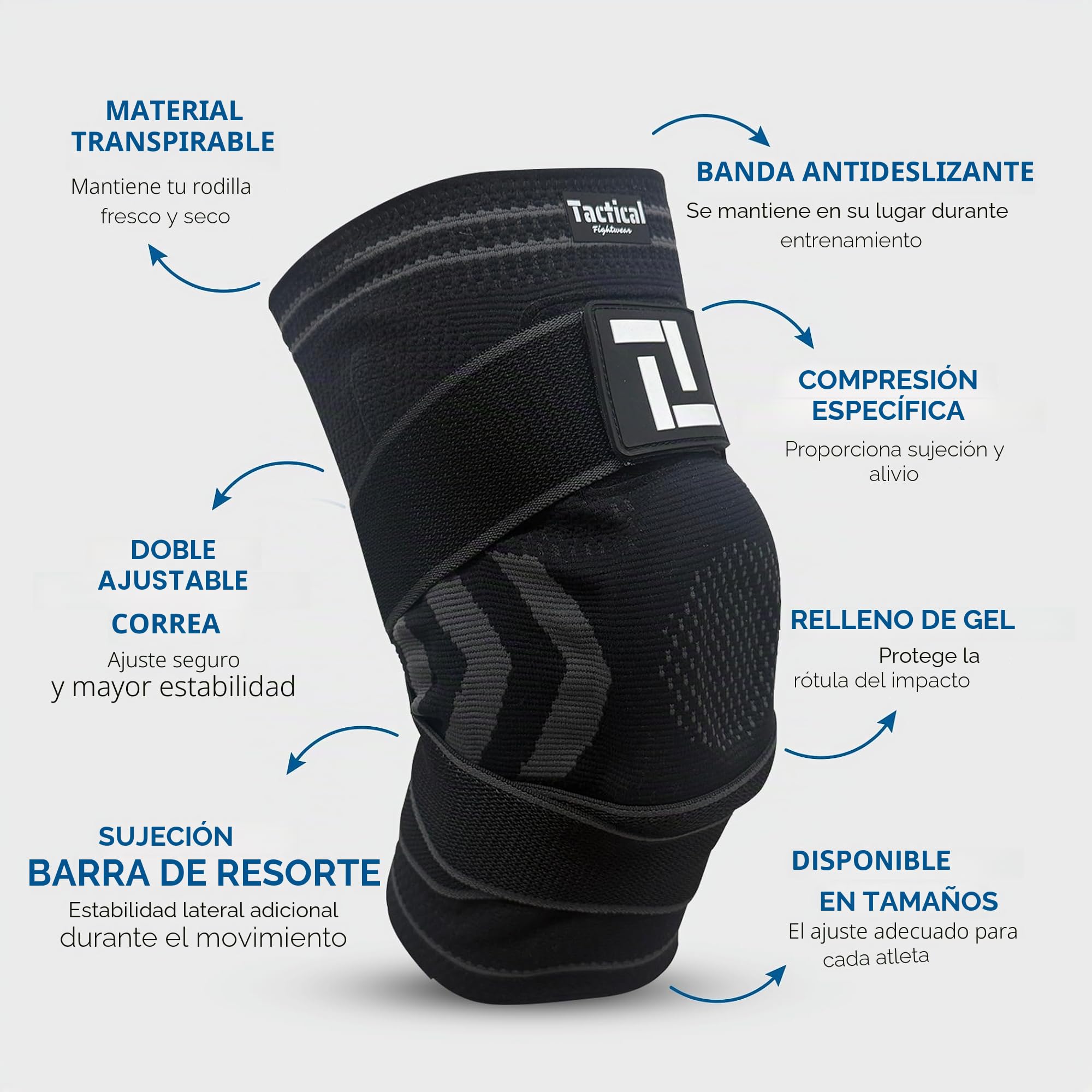 Tactical Fightwear Rodillera – Braza deportiva para Jiu Jitsu, MMA y Fitness – Protección de rodilla con antideslizante y doble correa – Unisex – Talla XL
