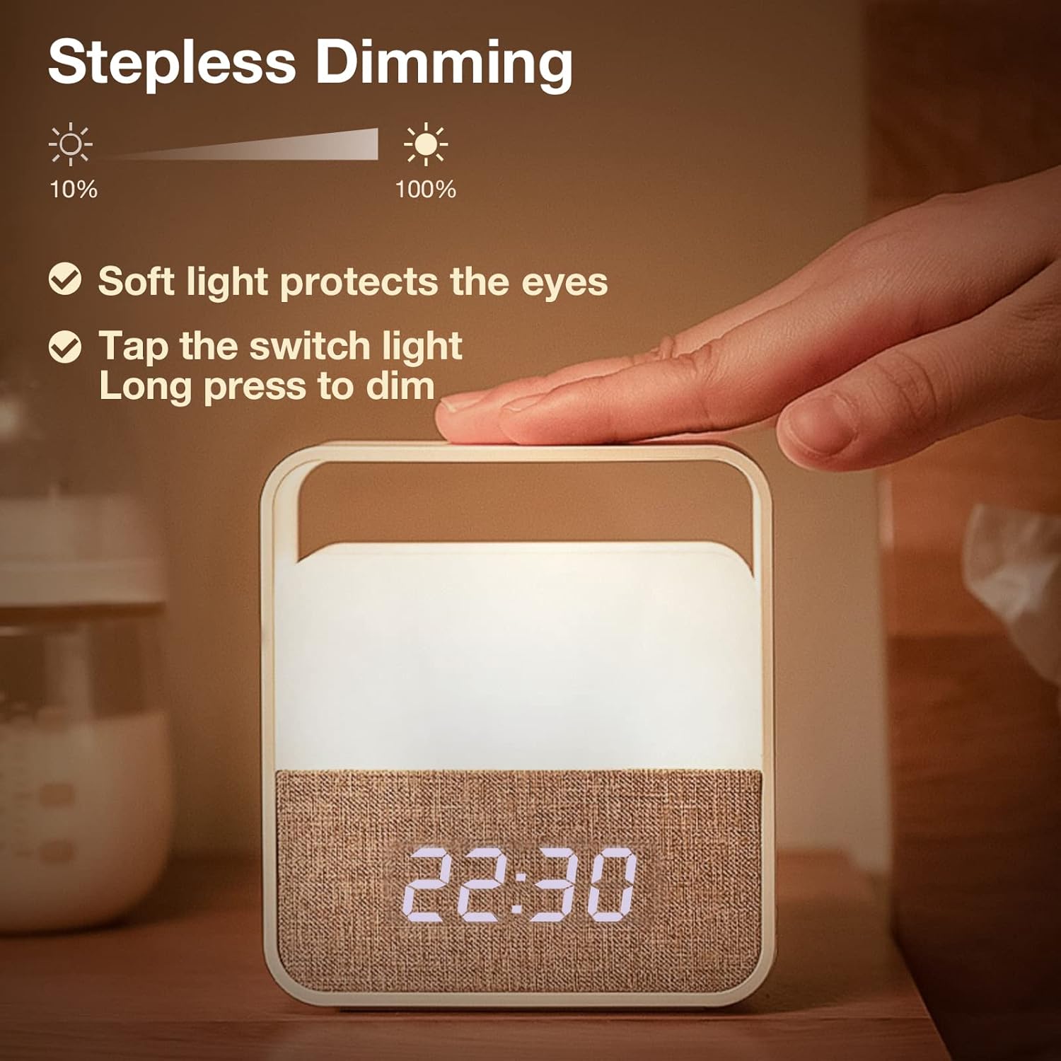 Image showing a hand touching the top of the Kintion Alarm Clock Night Light, demonstrating stepless dimming from 10% to 100% brightness.