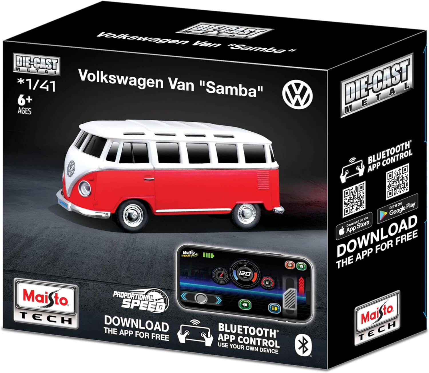 Maisto Tech R/C Power Racer Volkswagen T1 Samba: Remote Controlled Vehicle with App and Battery Control, Ages 6, Red (582650-3)