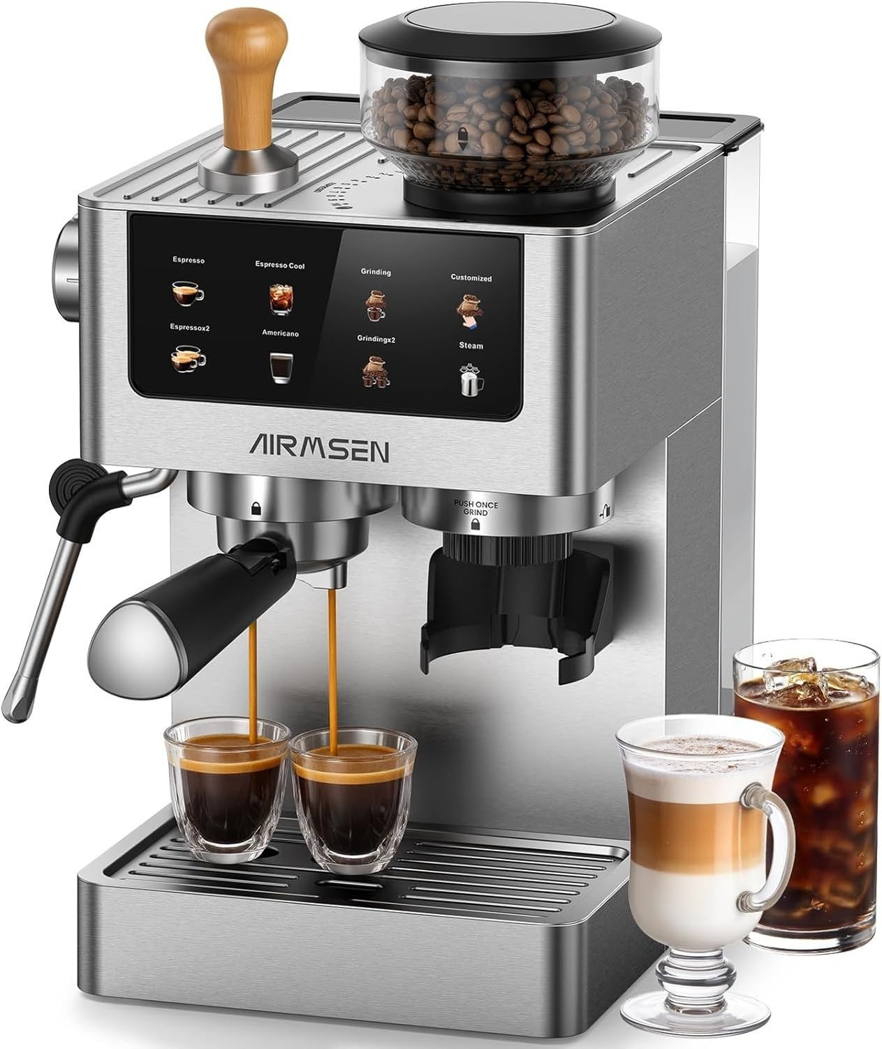 LONGCAO Macchina da caffè 20 Bar con macinacaffè Integrato in Acciaio Inox per Cappuccino, Latte, Americano e caffè Freddo per Uso Domestico con montalatte, Large, Large
