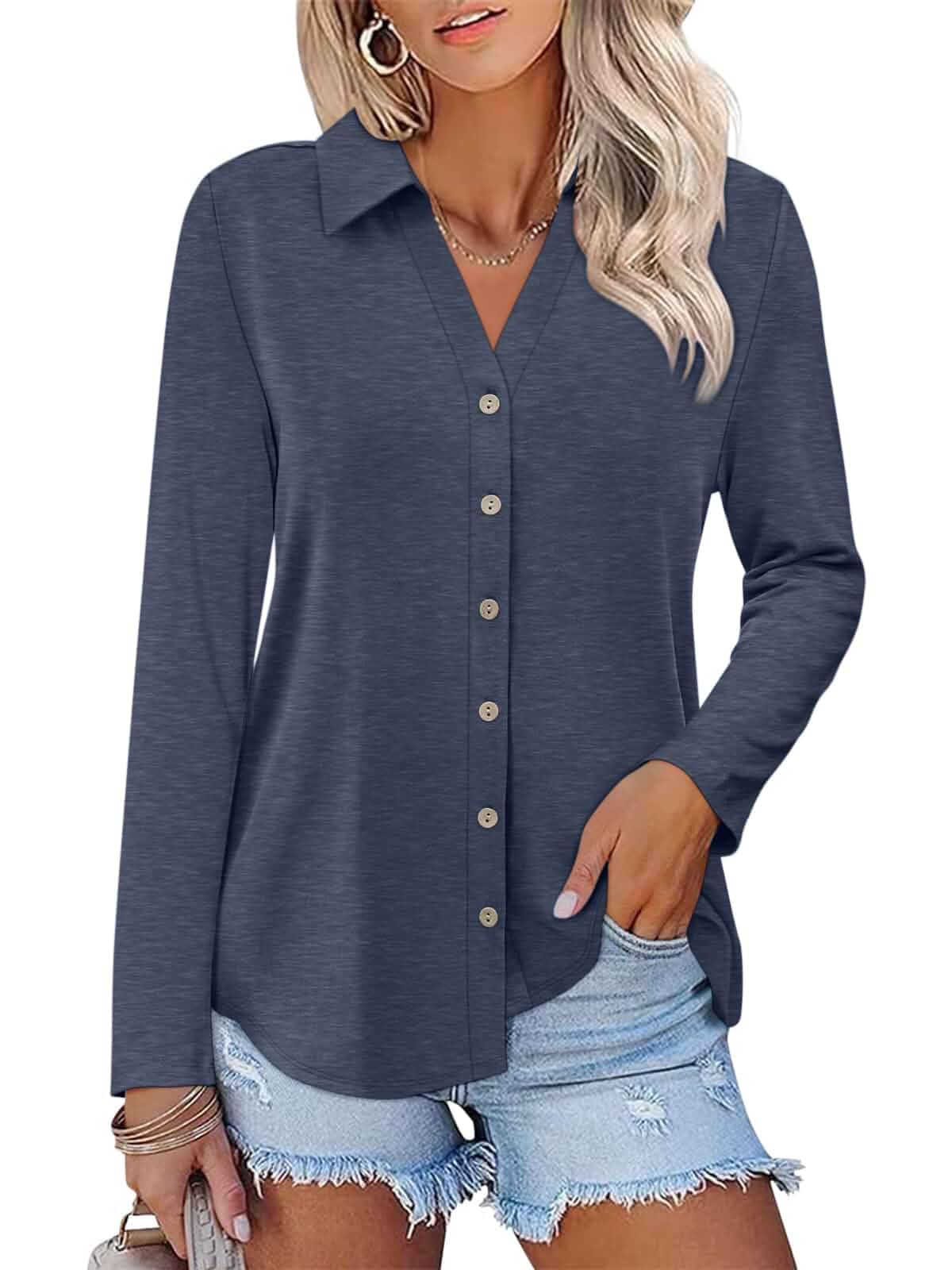 TICTICMISS Womens Long Sleeve Tops Button Down Shirts Casual Fall Tops Dressy Casual, Loose Fit, Button Up, Business Polo Shirts, V Neck, Fall Winter, No See-through, Stretchy, Easy Care