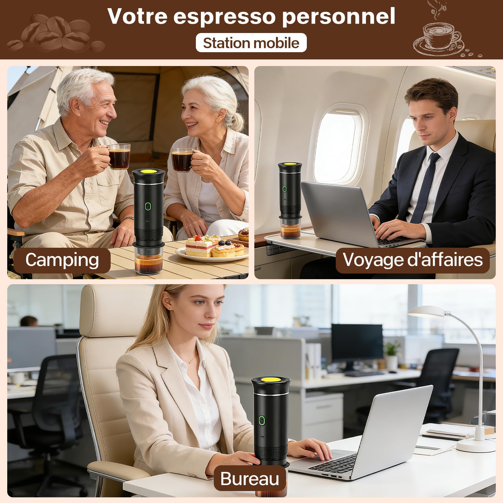 Machine à Café Portable 12V Chauffage Rapide 3 En 1 Auto-Chauffage 4-6 Min Grandes Capsules Café Moulu Camping Bureau Maison Voiture Noir
