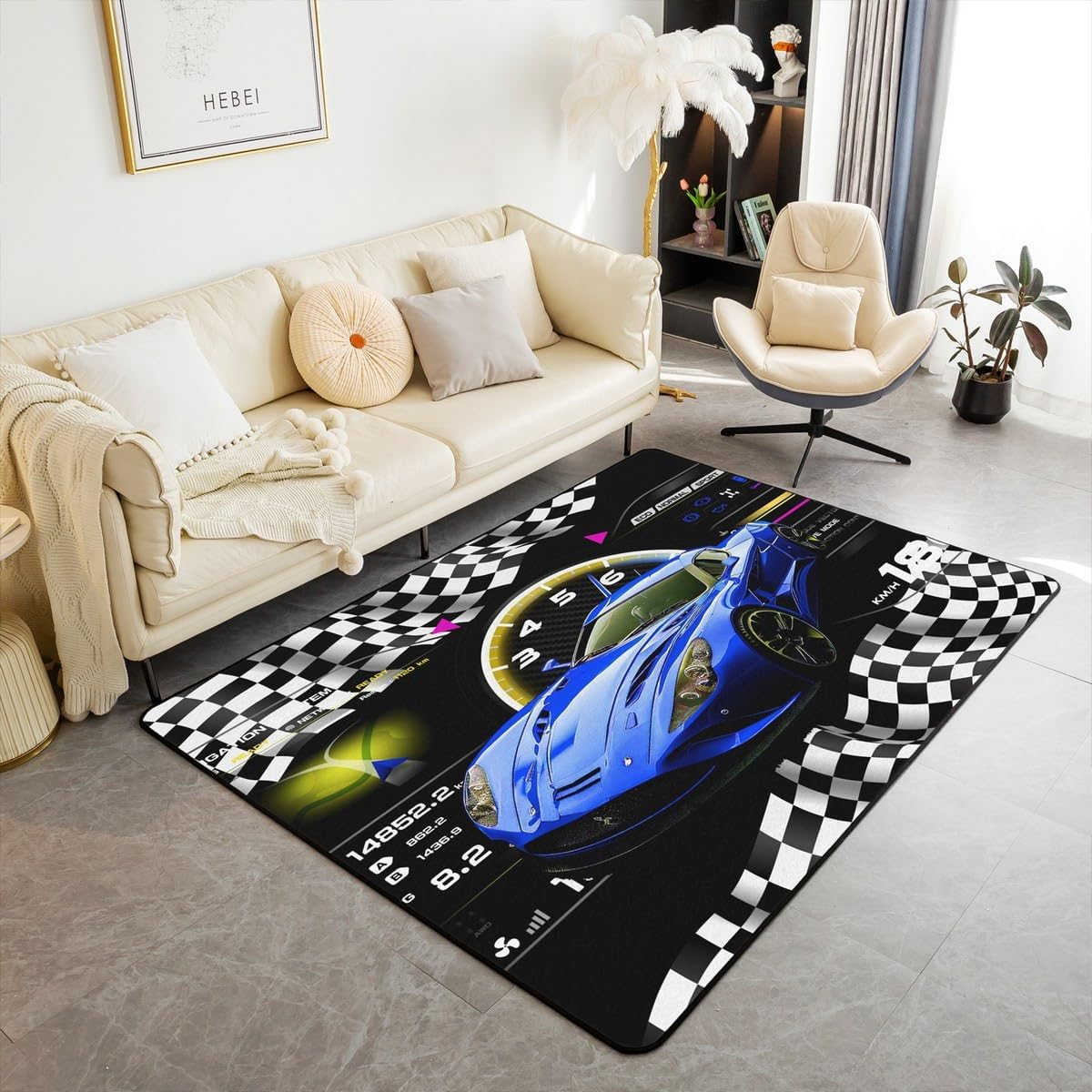 Feelyou Racing Car Area Rug 3x5 Kids Orange Sports Car Decorative Carpet for Boys Girls Teens Automobile Extreme Sport Living Room Rugs Cool Speed Race Car Down Indoor Floor Mat Room Decor