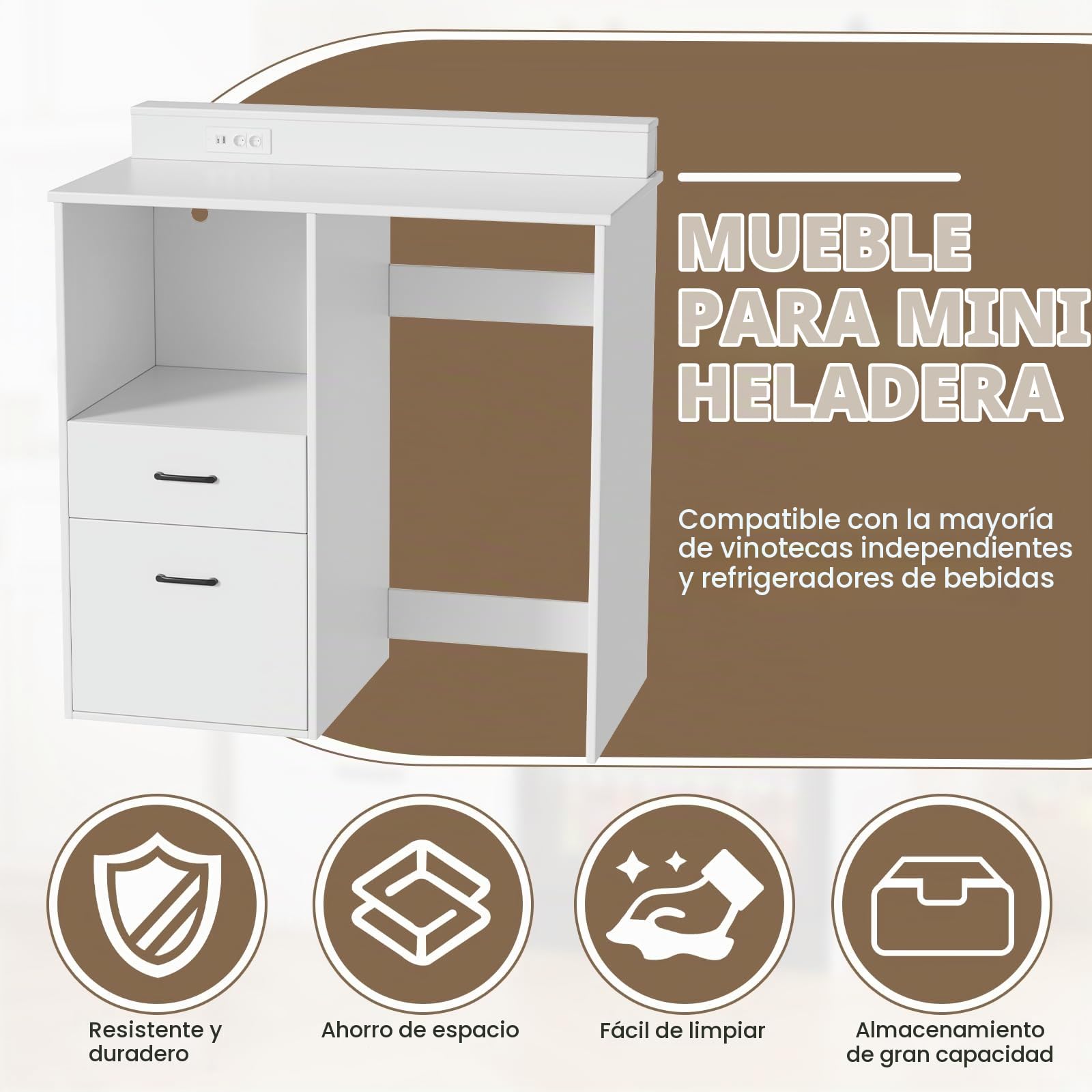 MSFE 2en1 Aparador para Salón/Armario para Mini Nevera, Soporte para Microondas con Tomas, Mueble Auxiliar Salón, Aparador Cocina para Comedor, Entrada, Dormitorio, Crema,100 * 53 * 108.5cm