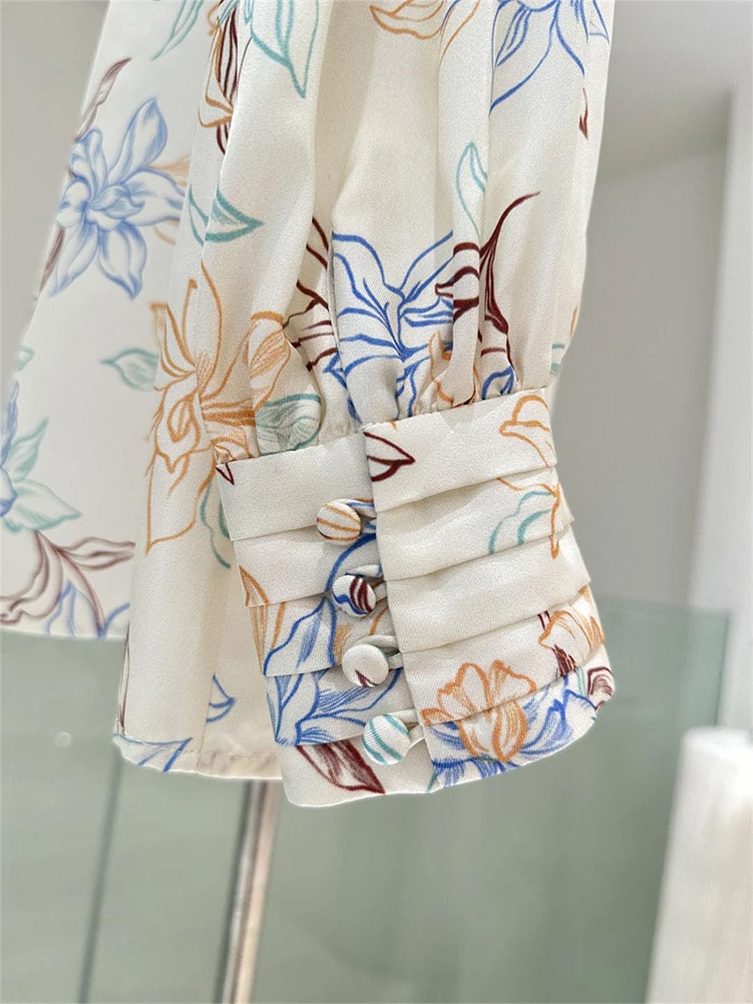 Blusas florales para mujer, 100% seda real, cuello redondo, manga larga, elegante