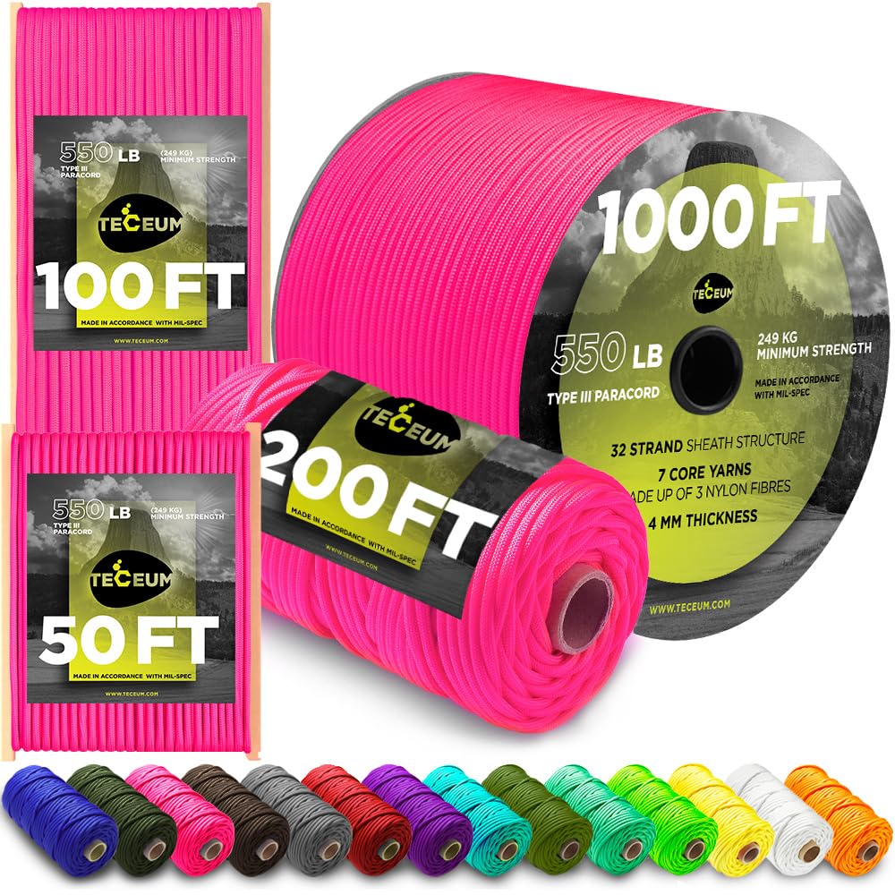 TECEUM Paracord Rope 550 - Sofit Pink 15 m - Cord for Camping Survival Gear