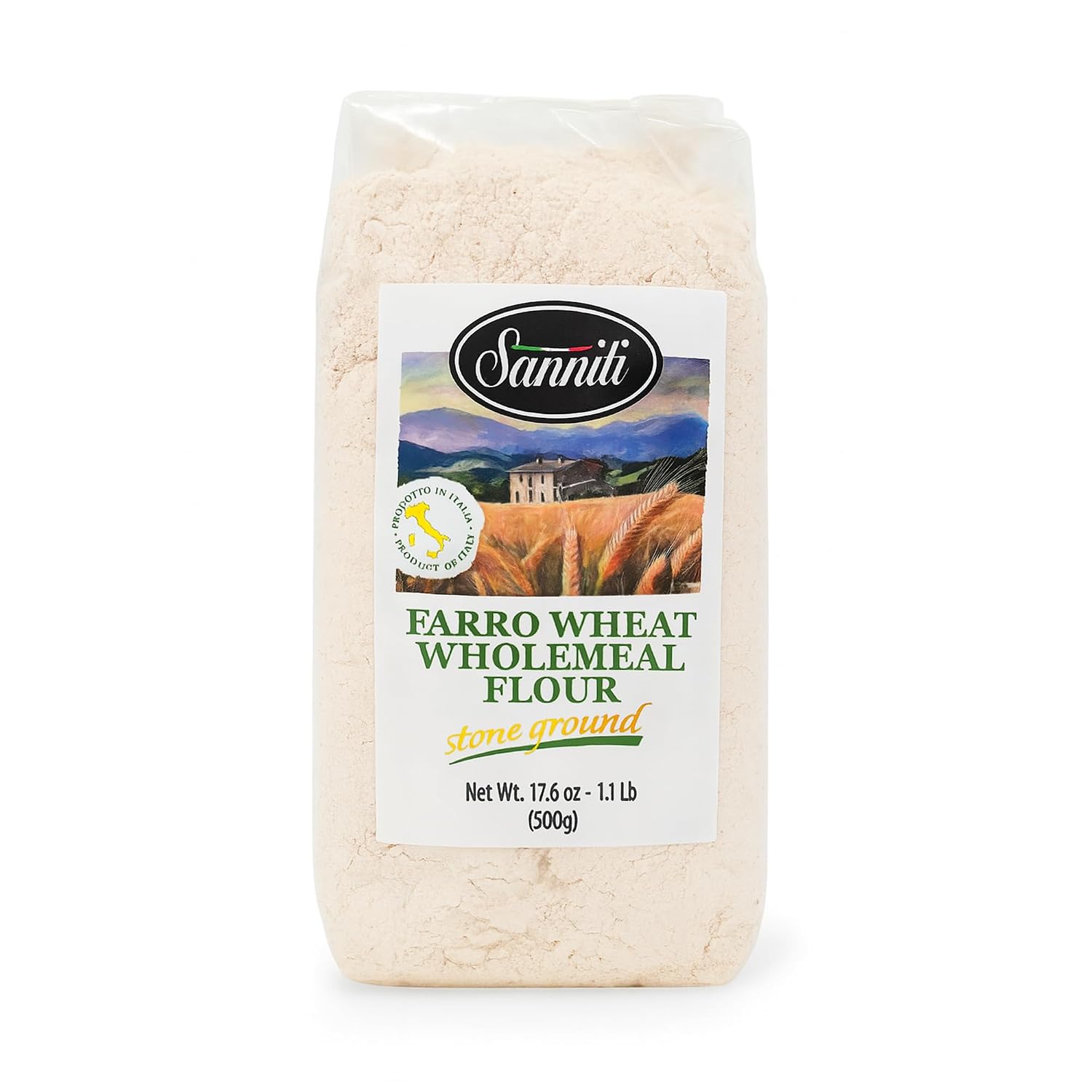 Sanniti Farro Wheat Wholemeal Flour, Stone Ground – 17.6 oz (500g) Bag – Premium Ancient Grain Flour, Product of Italy