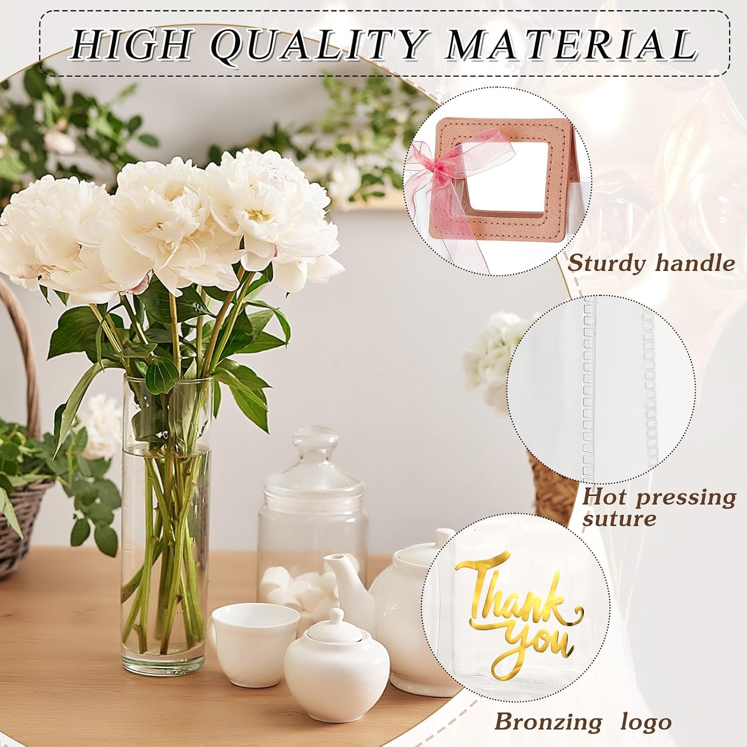 Sabary 12 Pcs Clear Gift Bags with Handle Thank You Gift Handbags Transparent PVC Wrap Bags Reusable Heavy Duty Totes for Bridal Party Baby Shower Wedding Birthday 7 x 4 x 8 Inch(Pink)